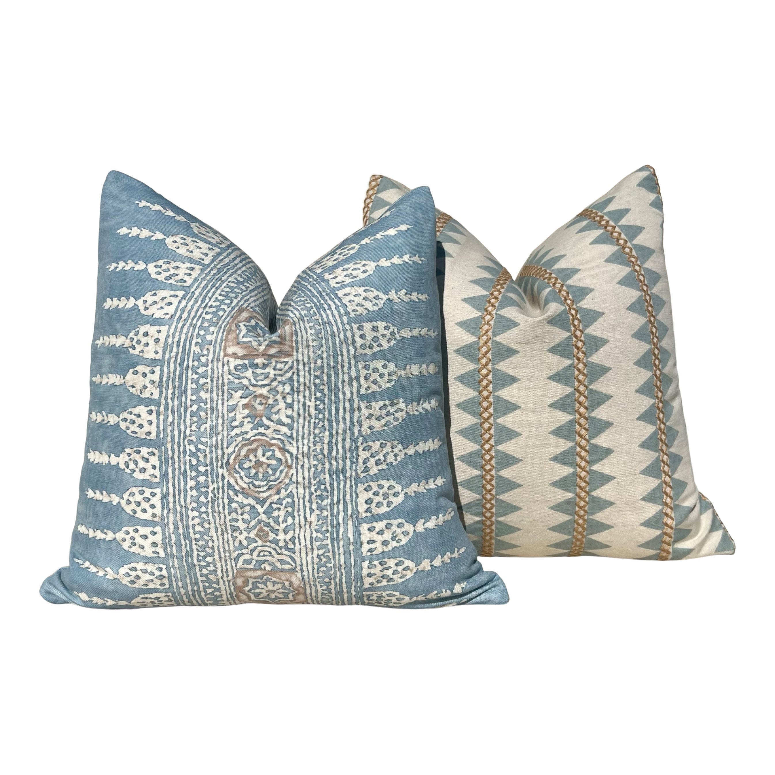 Thibaut Reno Stripe Embroidered Pillow in Spa Blue and Gold