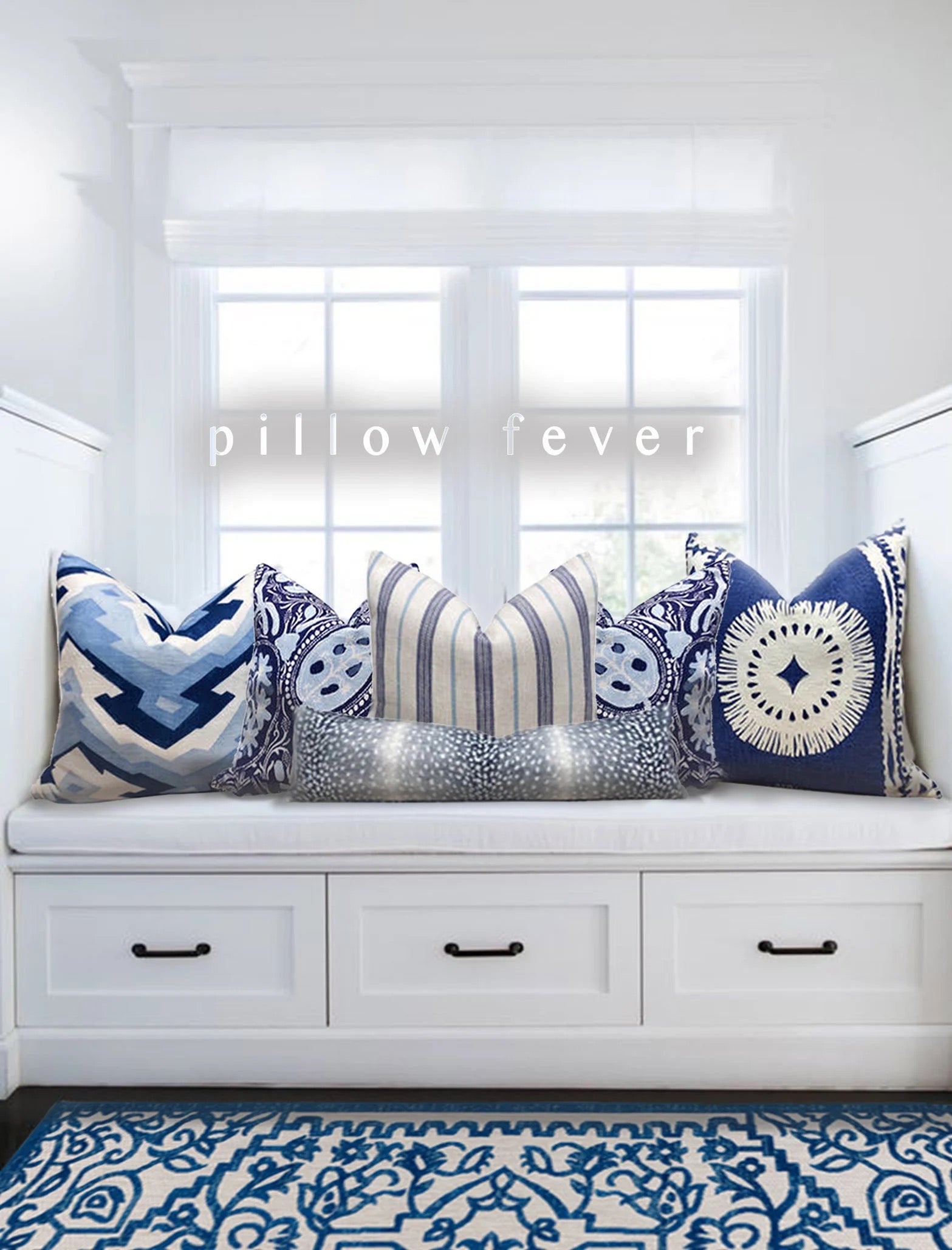 Schumacher Bora Bora Pillow in Blue and Cream.