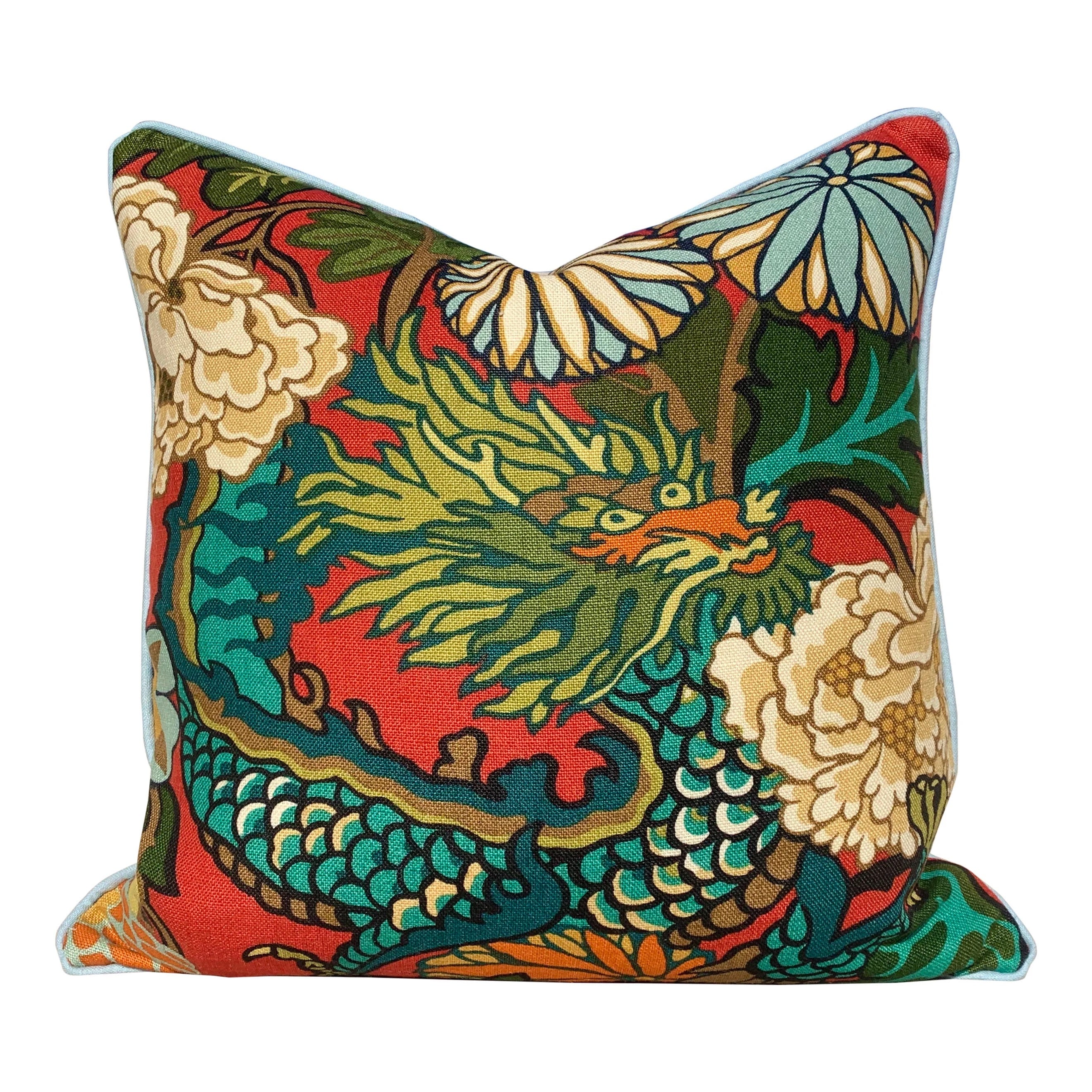 Sale!!!!! Price for a Pair 14"X22" Double Sided Ready to Ship Chiang Mai Dragon Linen Pillow Cover in Lacquer.