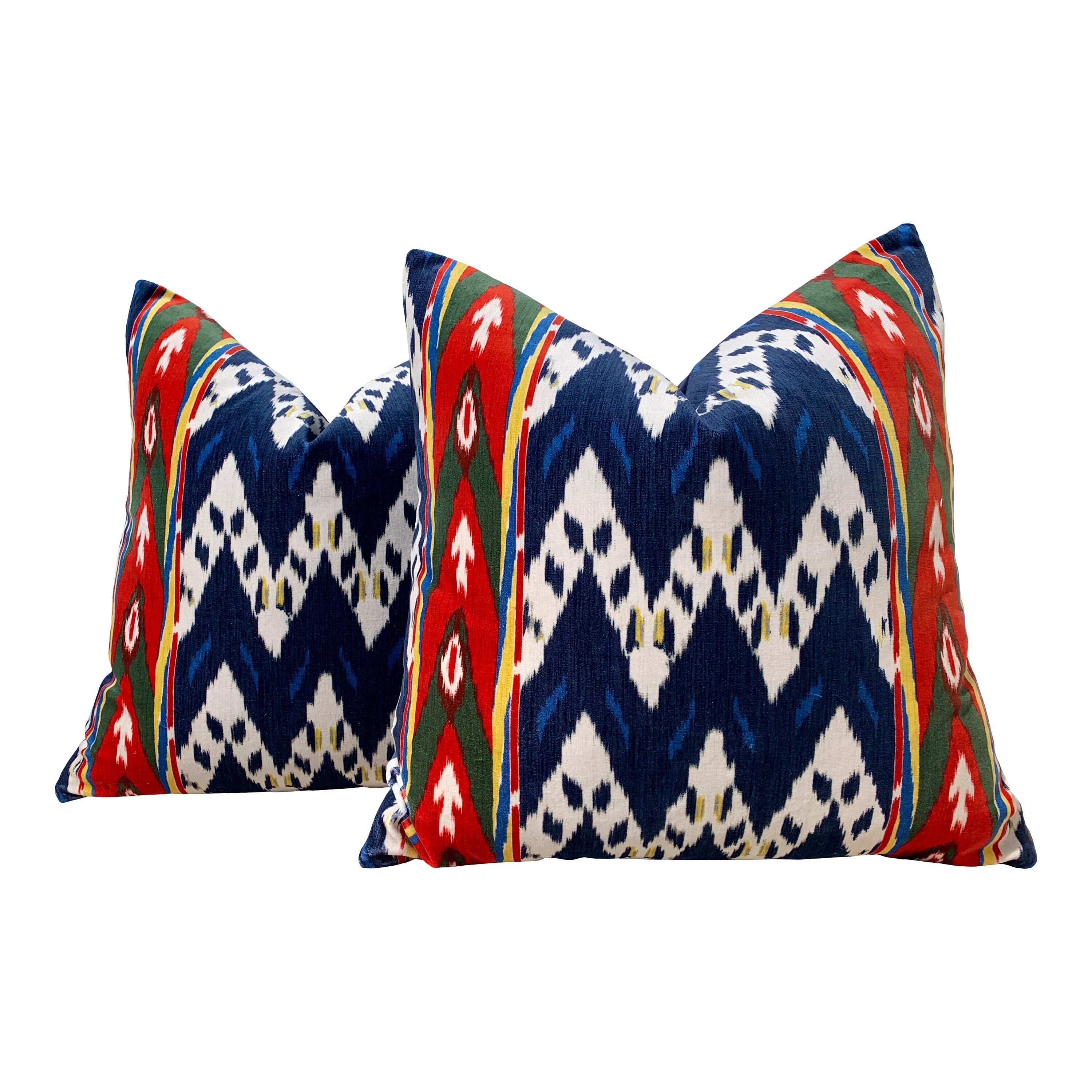 Schumacher Samar Ikat Velvet Pillow- Blue,Red