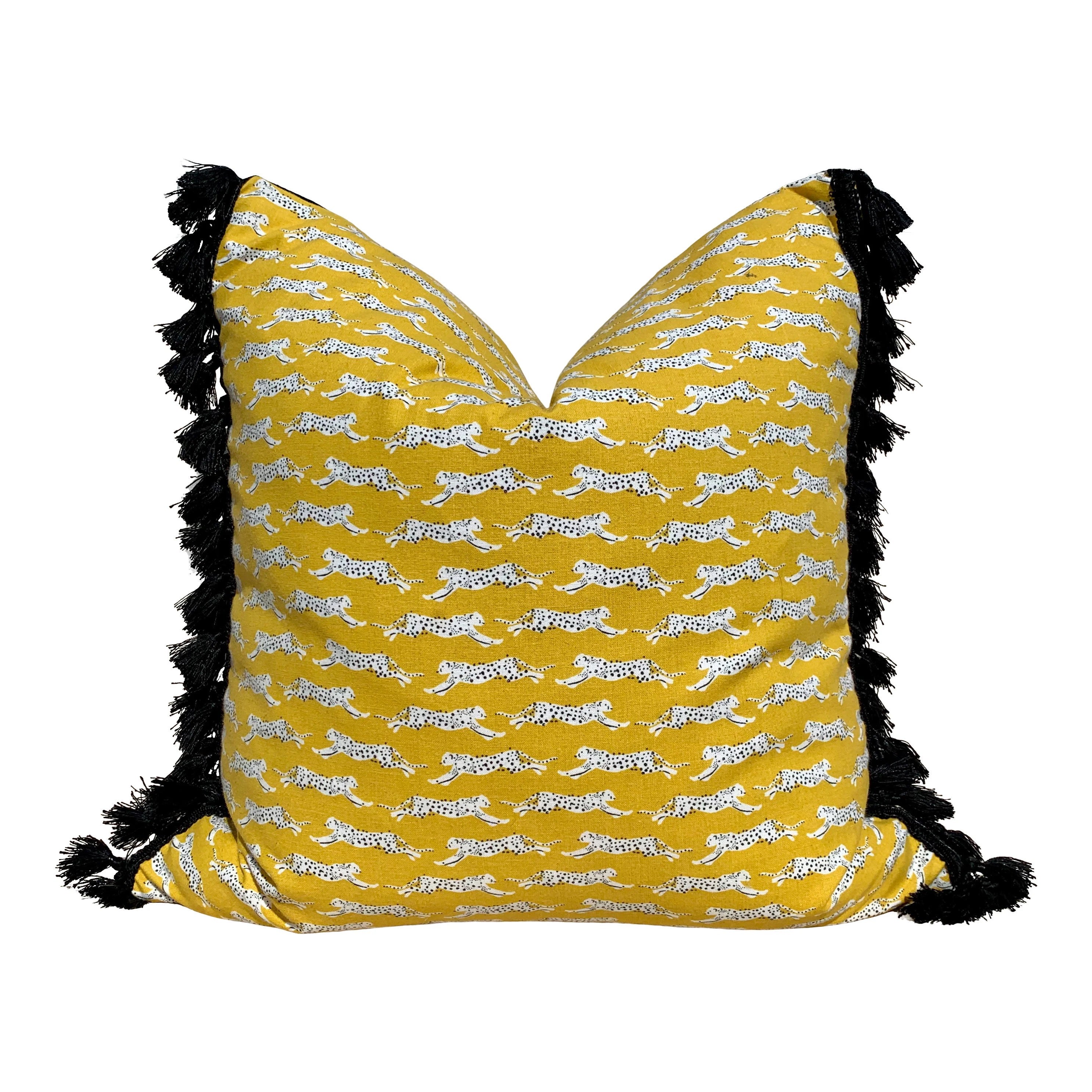 Sale!!!! Ready to Ship, Price is for a pair of 16"X16" Double Sided Schumacher Leaping Leopards Pillow Covers in Yellow with Black Tassels