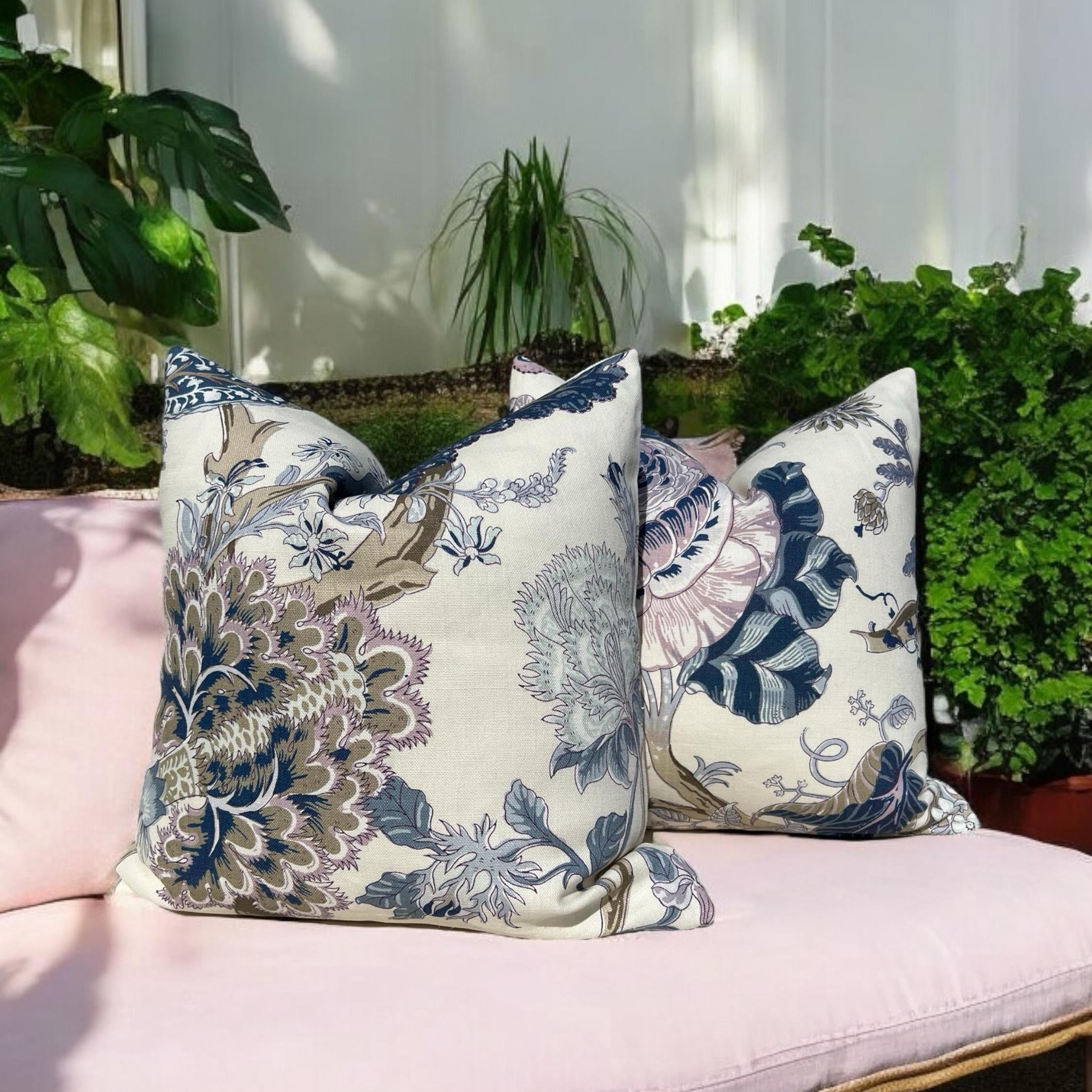 Schumacher Indian Arbre Pillow in Blue and Lavender.