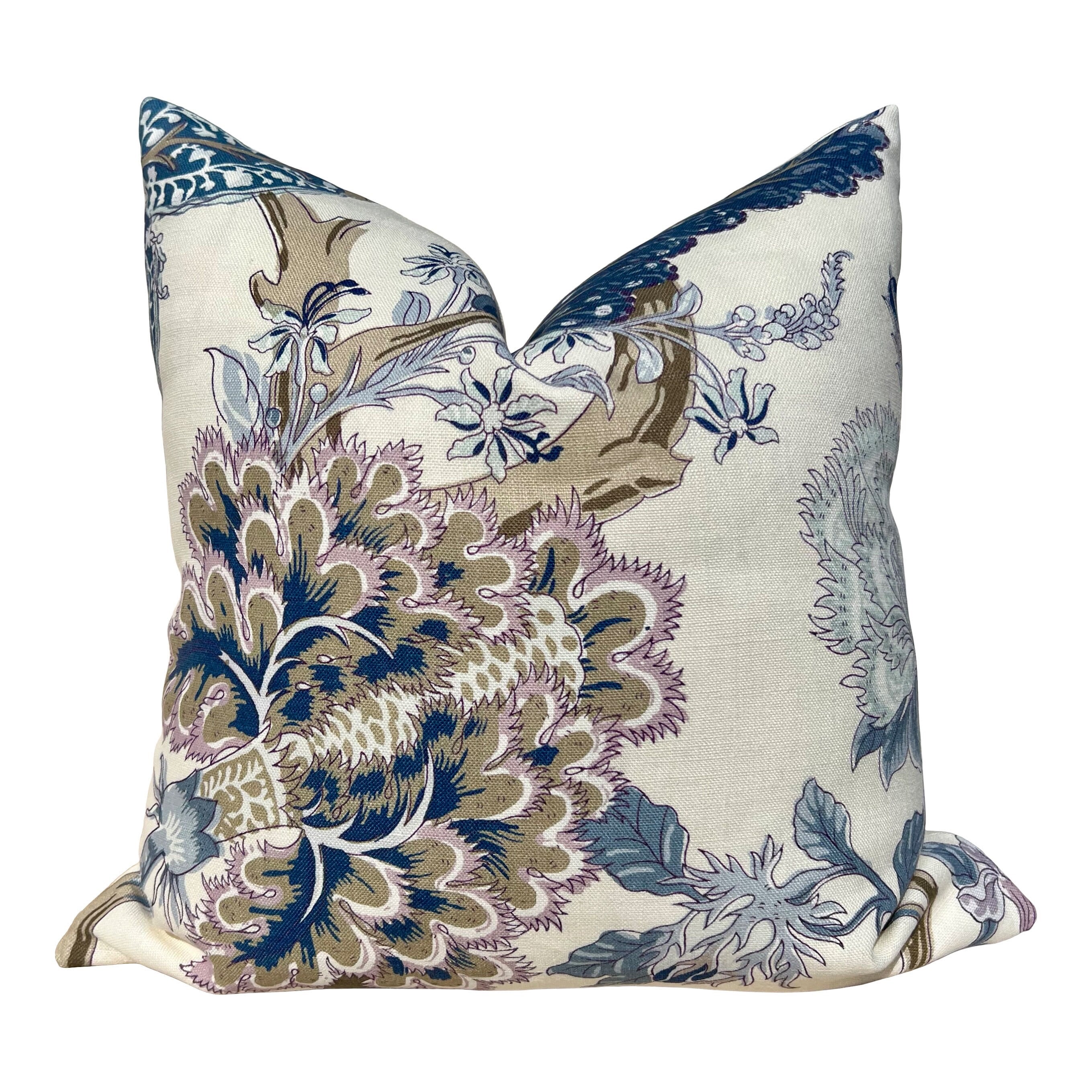 Schumacher Indian Arbre Pillow in Blue and Lavender.