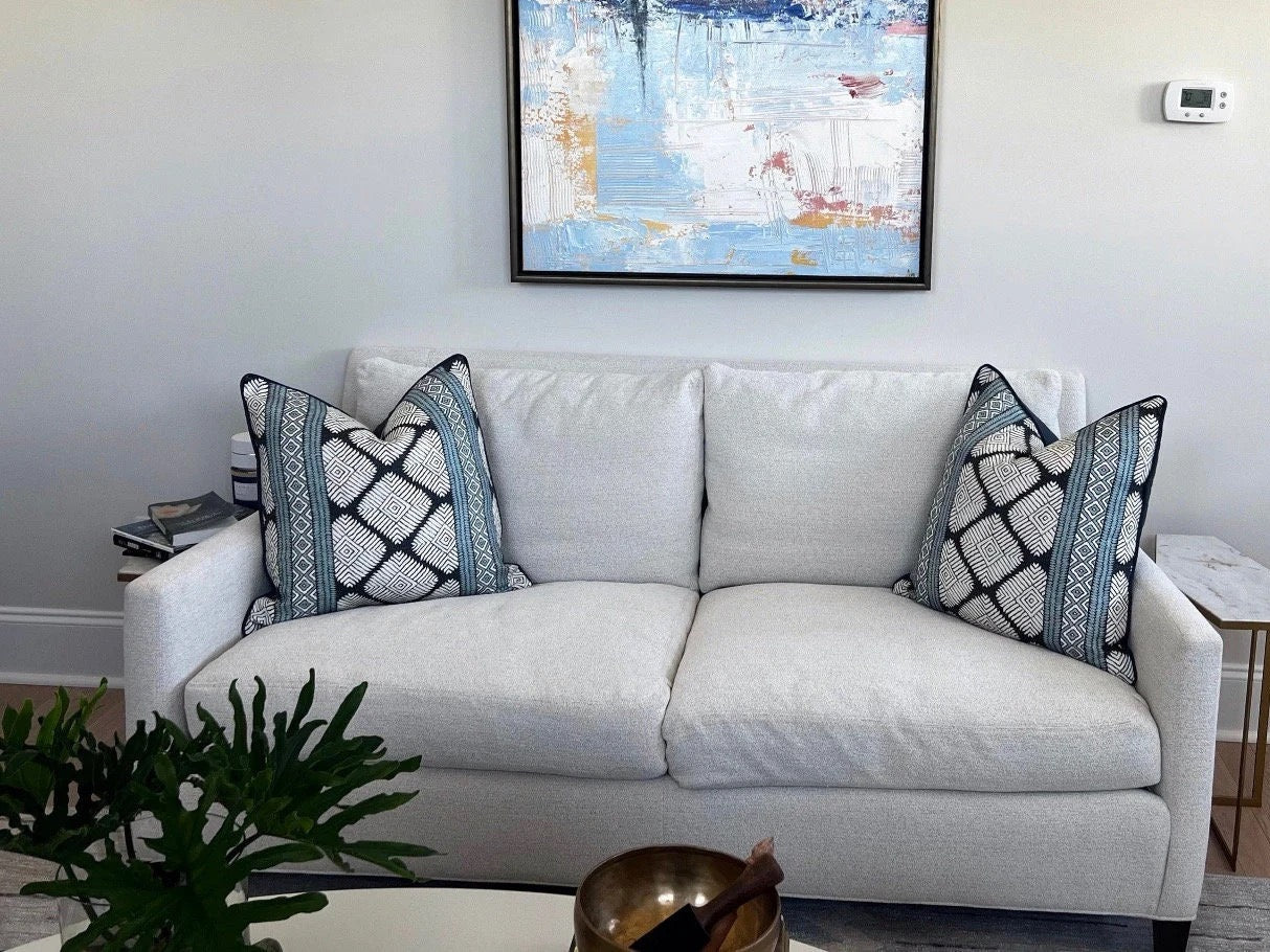 Austin Geometric Pillow in Mineral Blue.