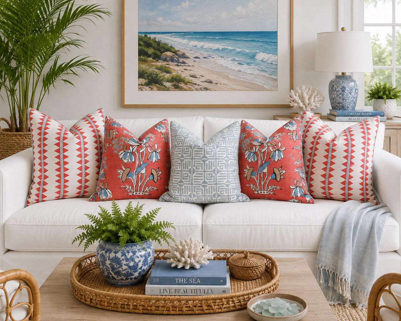 Thibaut Reno Stripe Embroidered Pillow - Coral
