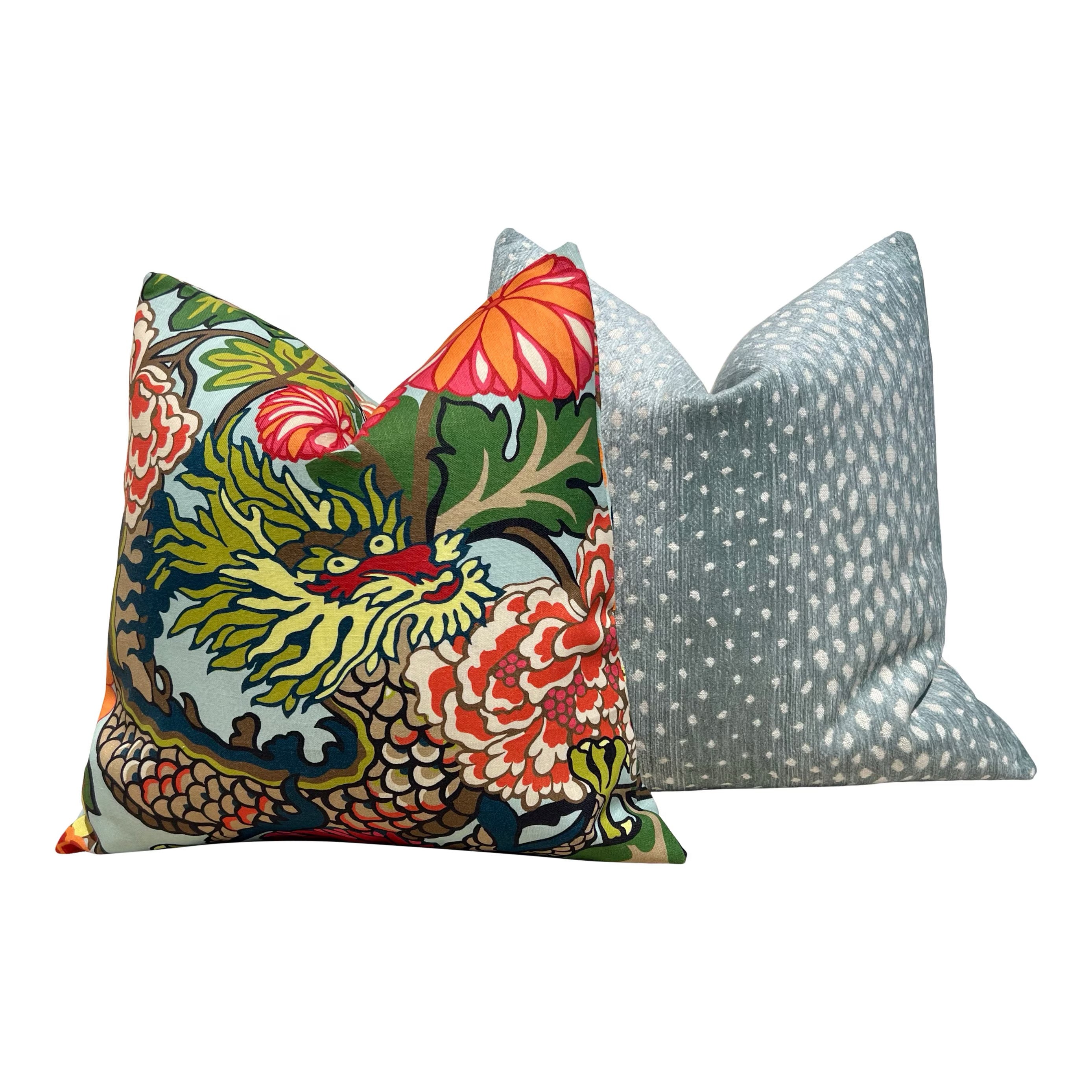 Schumacher Outdoor Chiang Mai Dragon Pillow in Aquamarine.