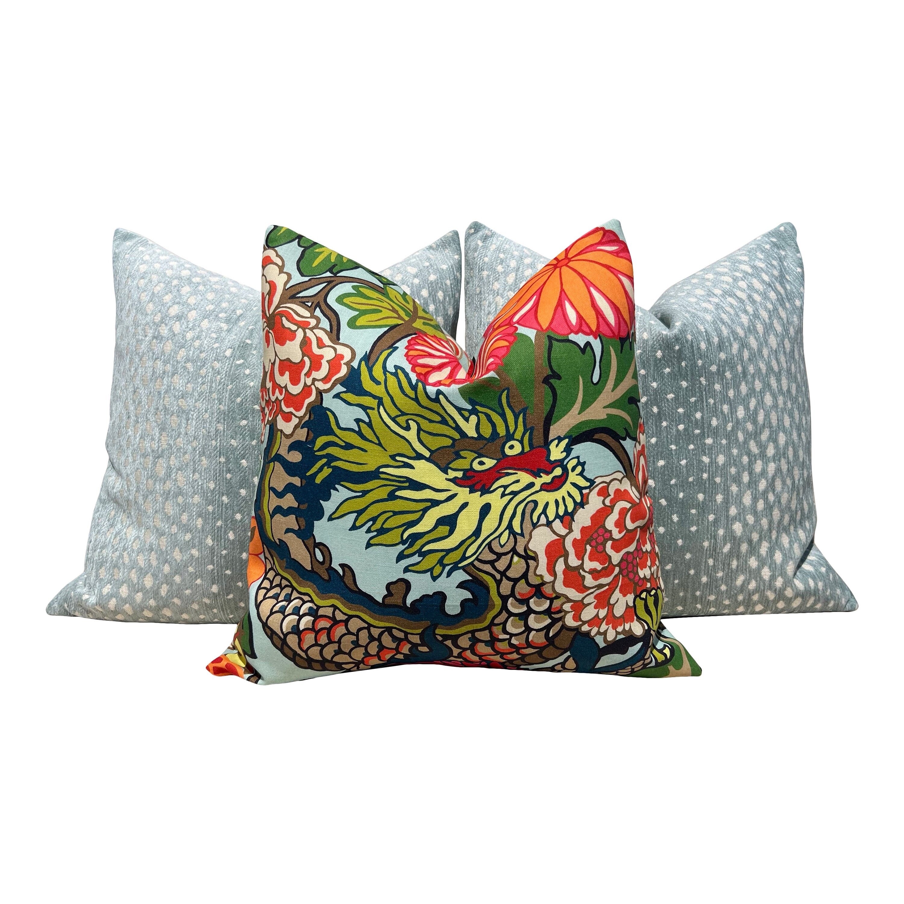 Schumacher Outdoor Chiang Mai Dragon Pillow in Aquamarine.