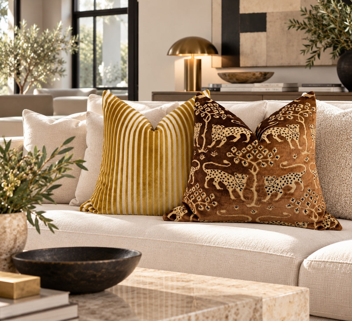 Schumacher Woodland Velvet Pillow - Sepia