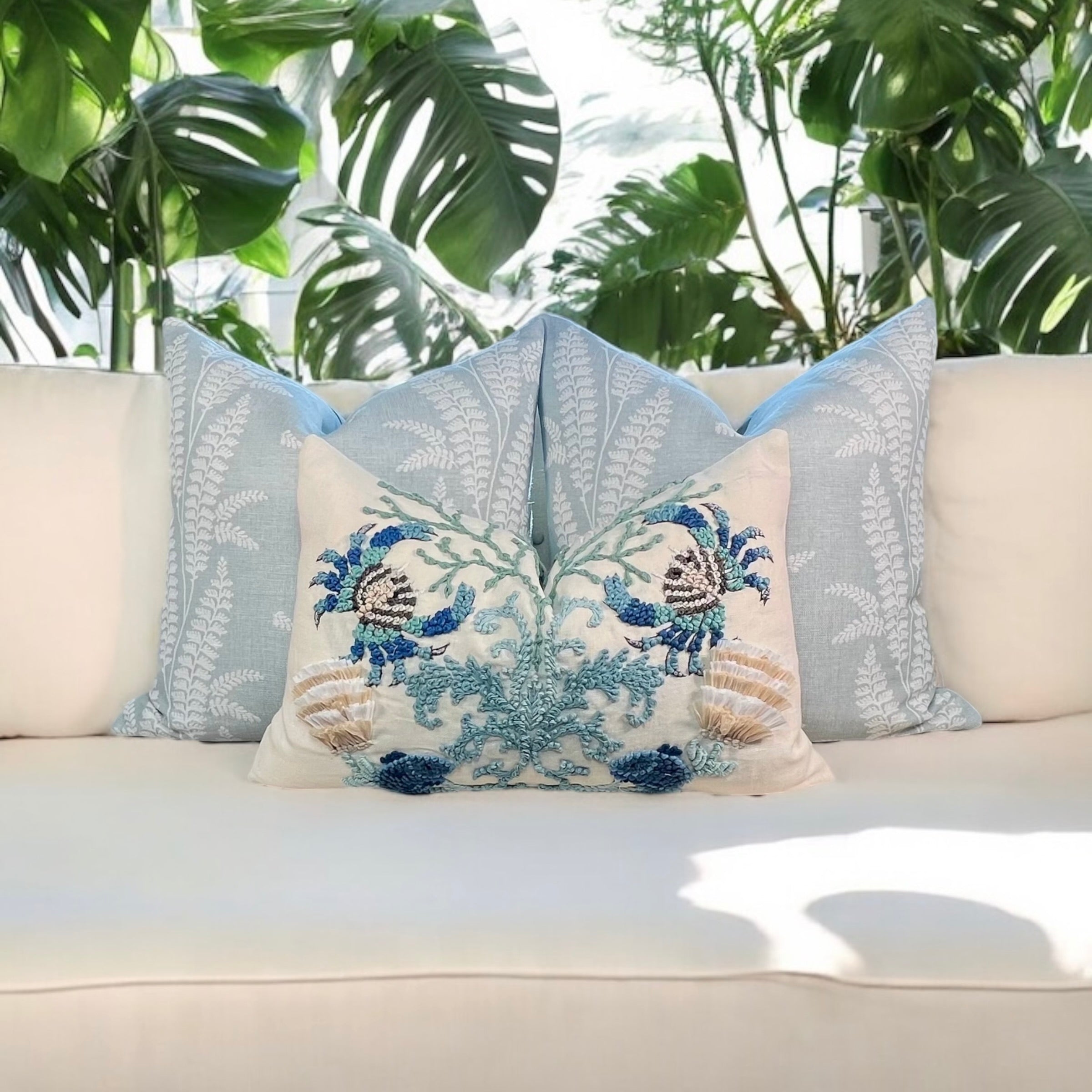 Schumacher Sea Life Embroidered Pillow in Seafoam