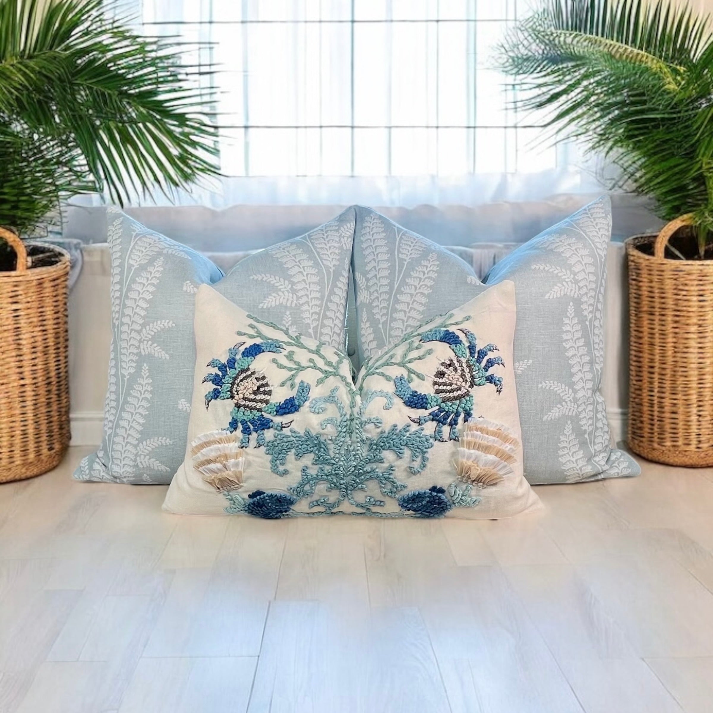 Schumacher Sea Life Embroidered Pillow in Seafoam