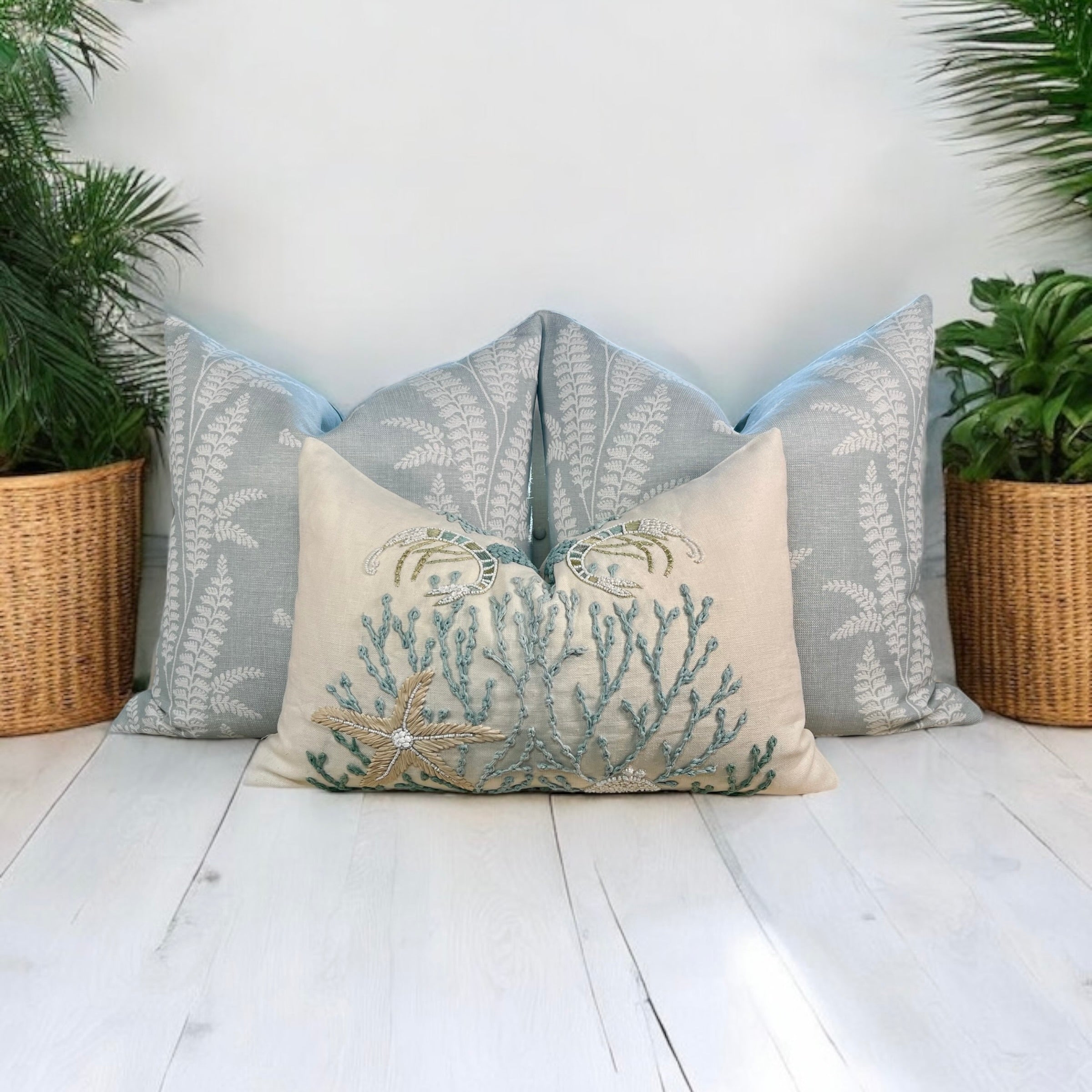 Schumacher Sea Life Embroidered Pillow in Seafoam