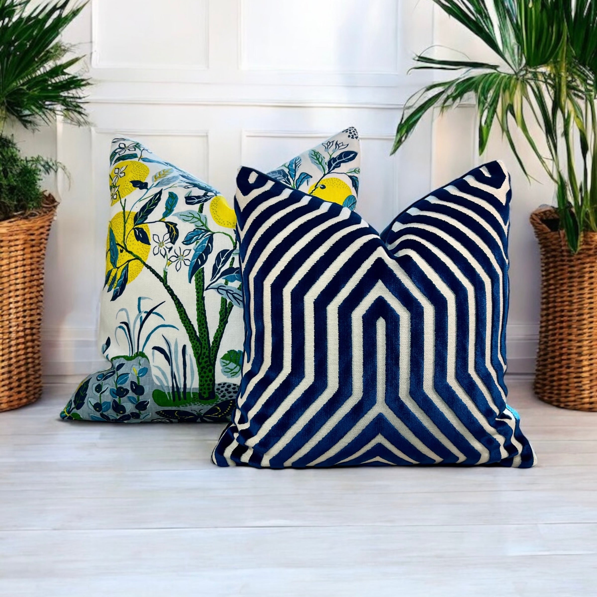 Schumacher Vanderbilt Velvet Pillow in Blue.