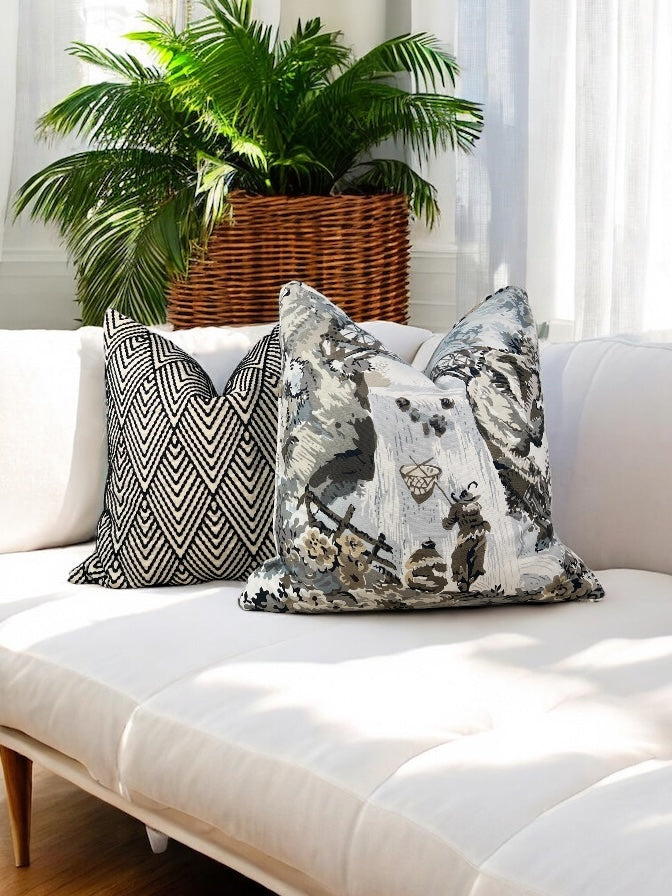 Schumacher Avila Embroidered Pillow in Black, Cream.