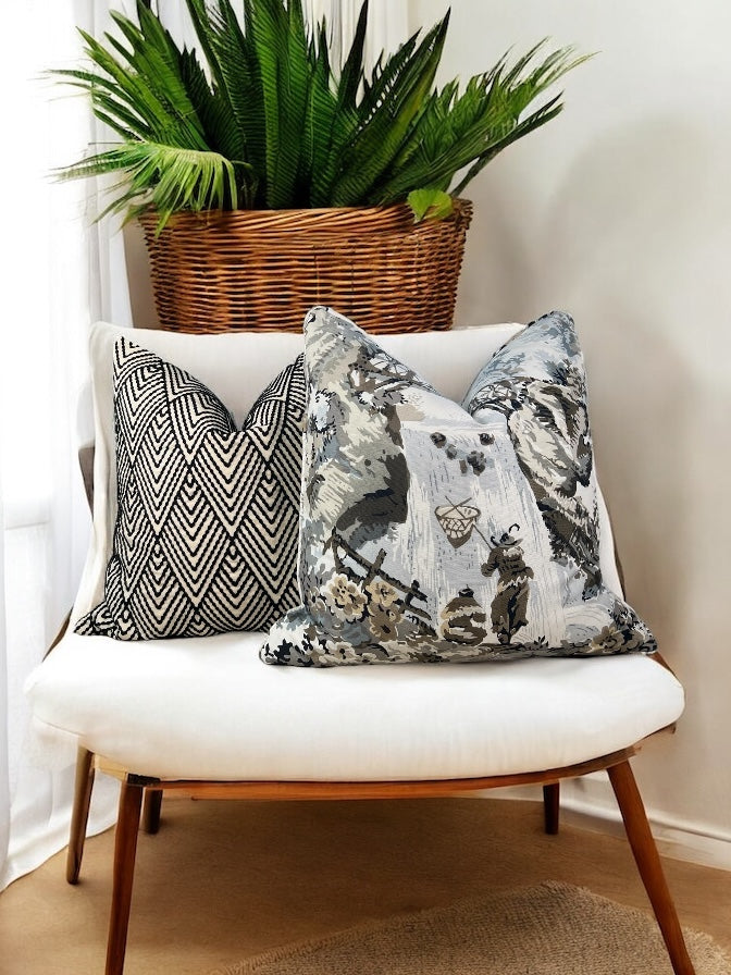 Schumacher Avila Embroidered Pillow in Black, Cream.