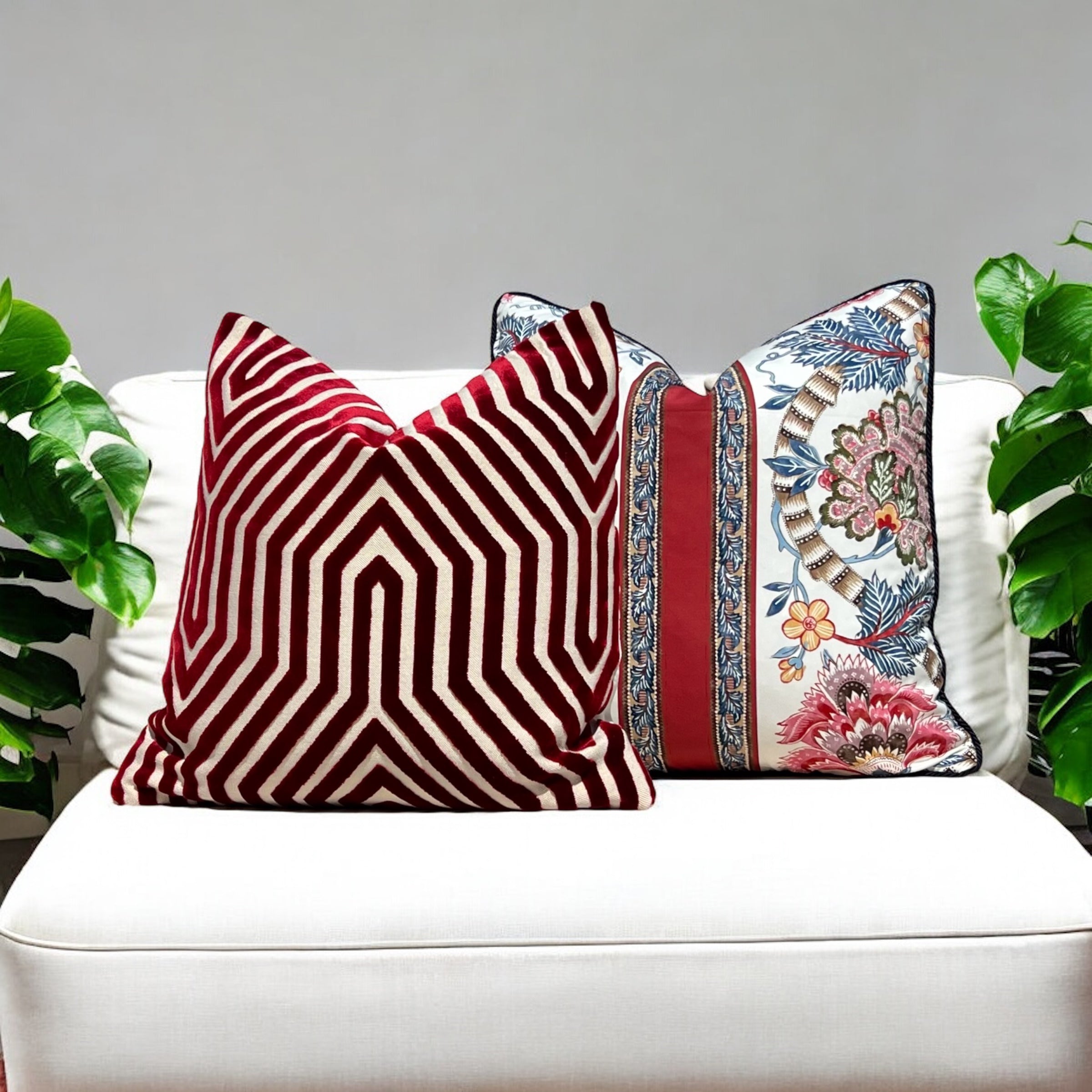 Brunschwig and Fills Lauris Pillow in Red and Blue with Twisted Cord Trim