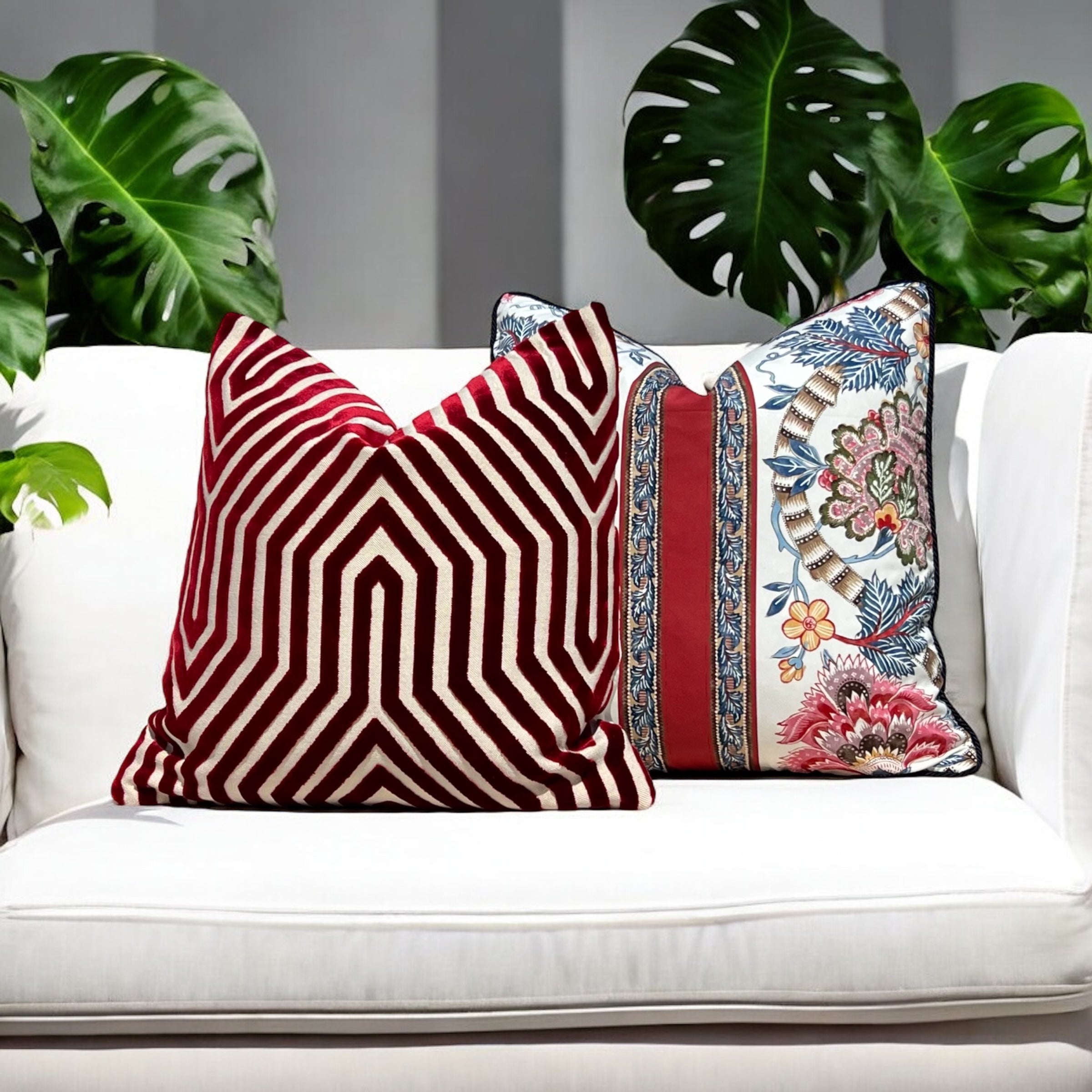 Brunschwig and Fills Lauris Pillow in Red and Blue with Twisted Cord Trim