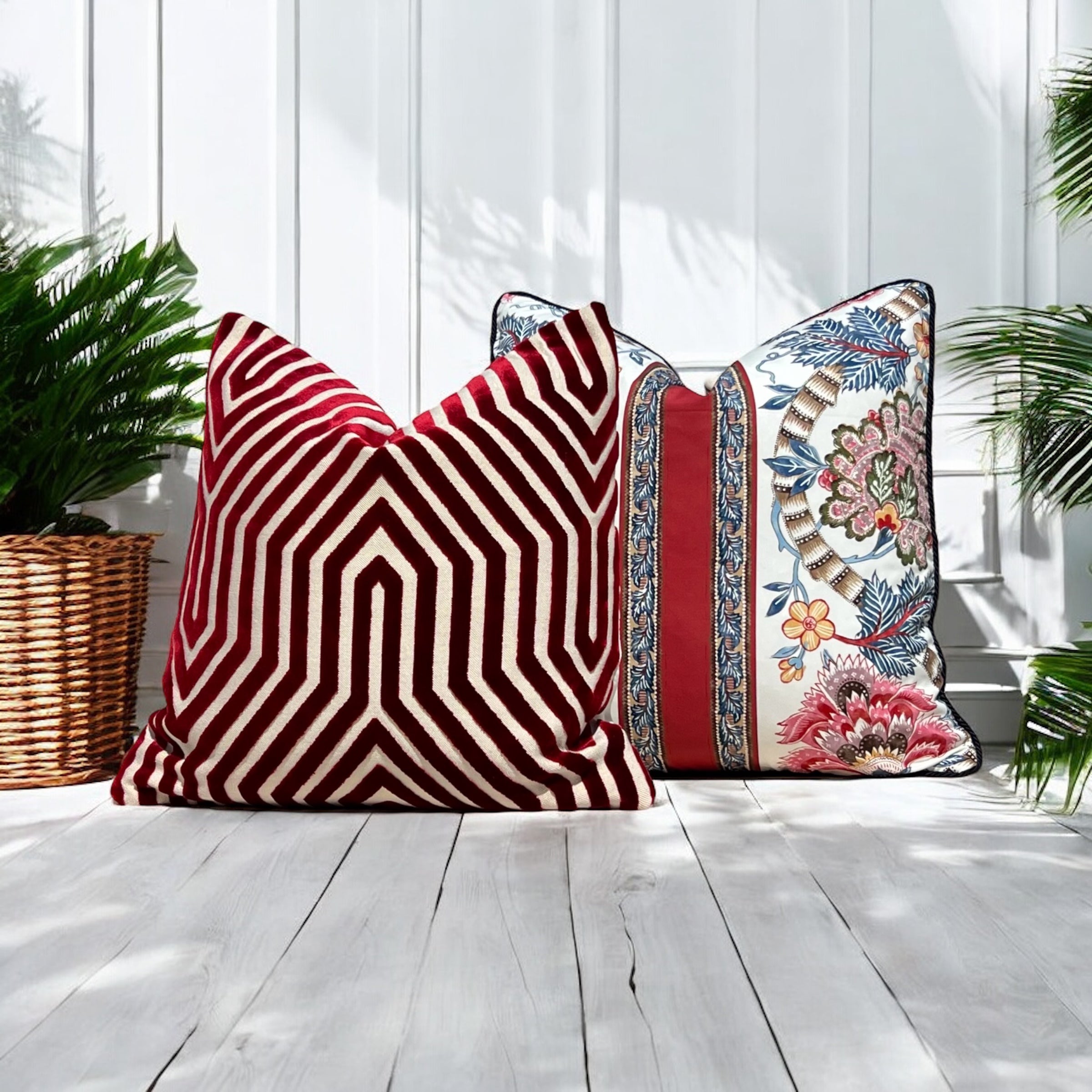 Brunschwig and Fills Lauris Pillow in Red and Blue with Twisted Cord Trim