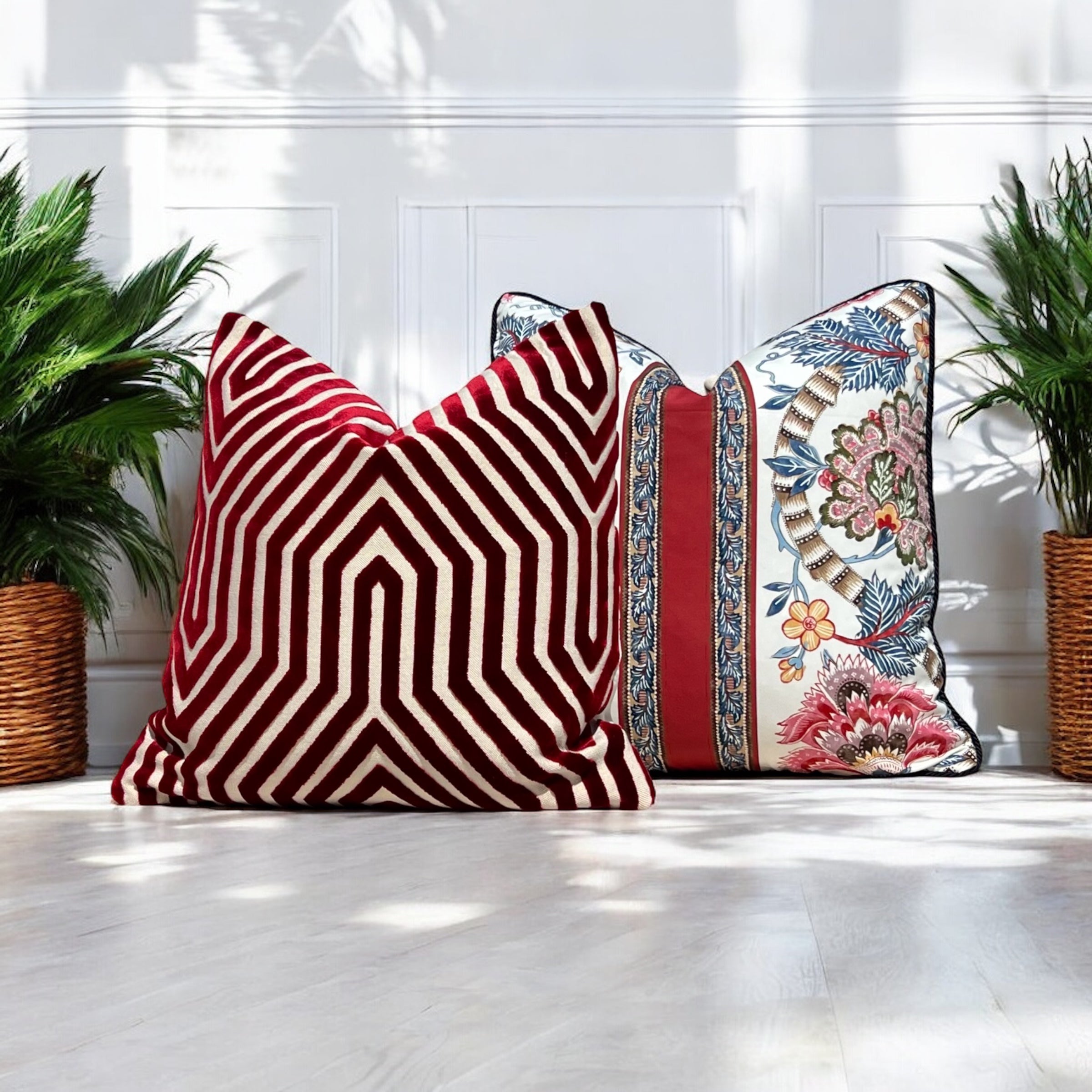 Brunschwig and Fills Lauris Pillow in Red and Blue with Twisted Cord Trim