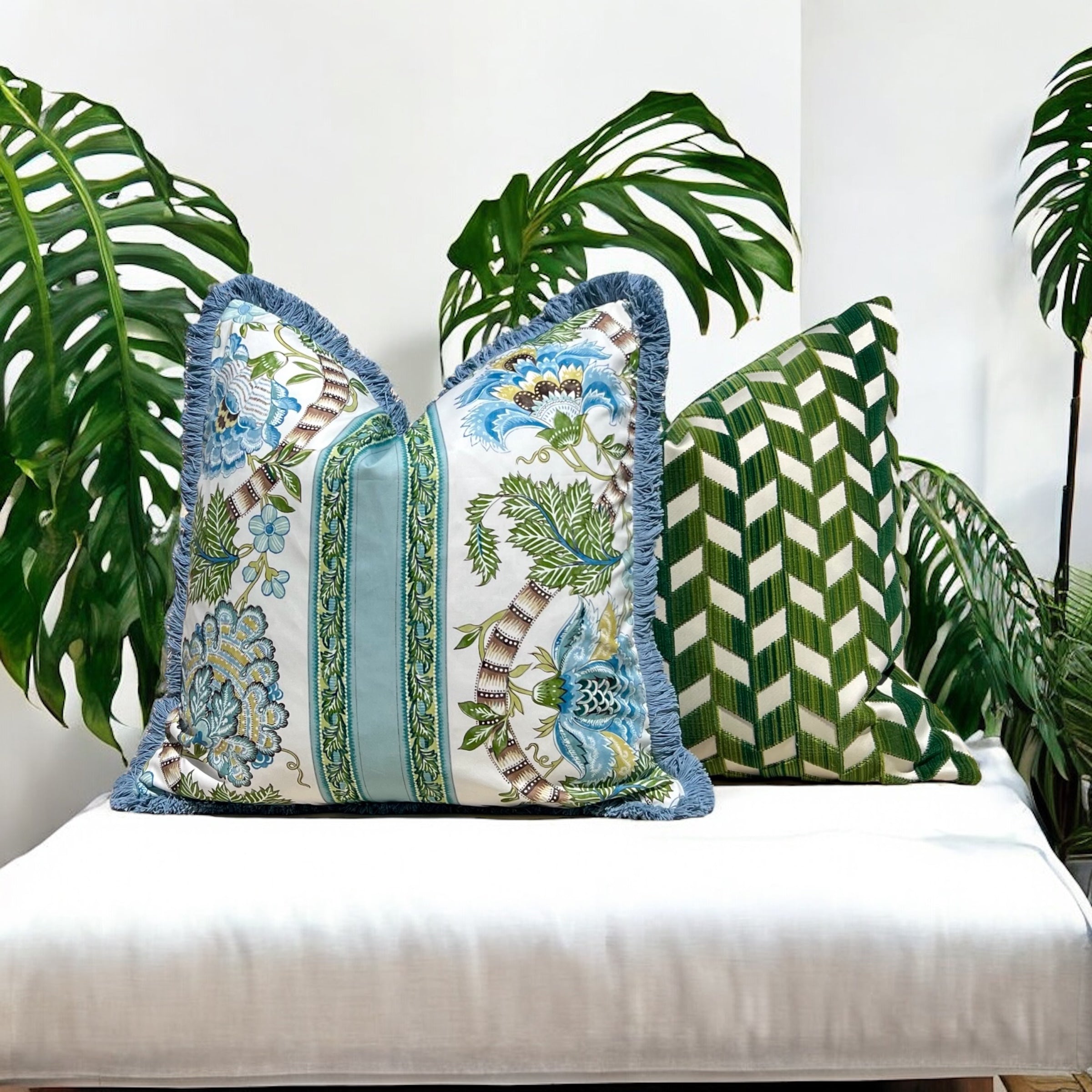 Brunschwig and Fills Lauris Pillow in Aqua and Green with Blue Brush Trim.