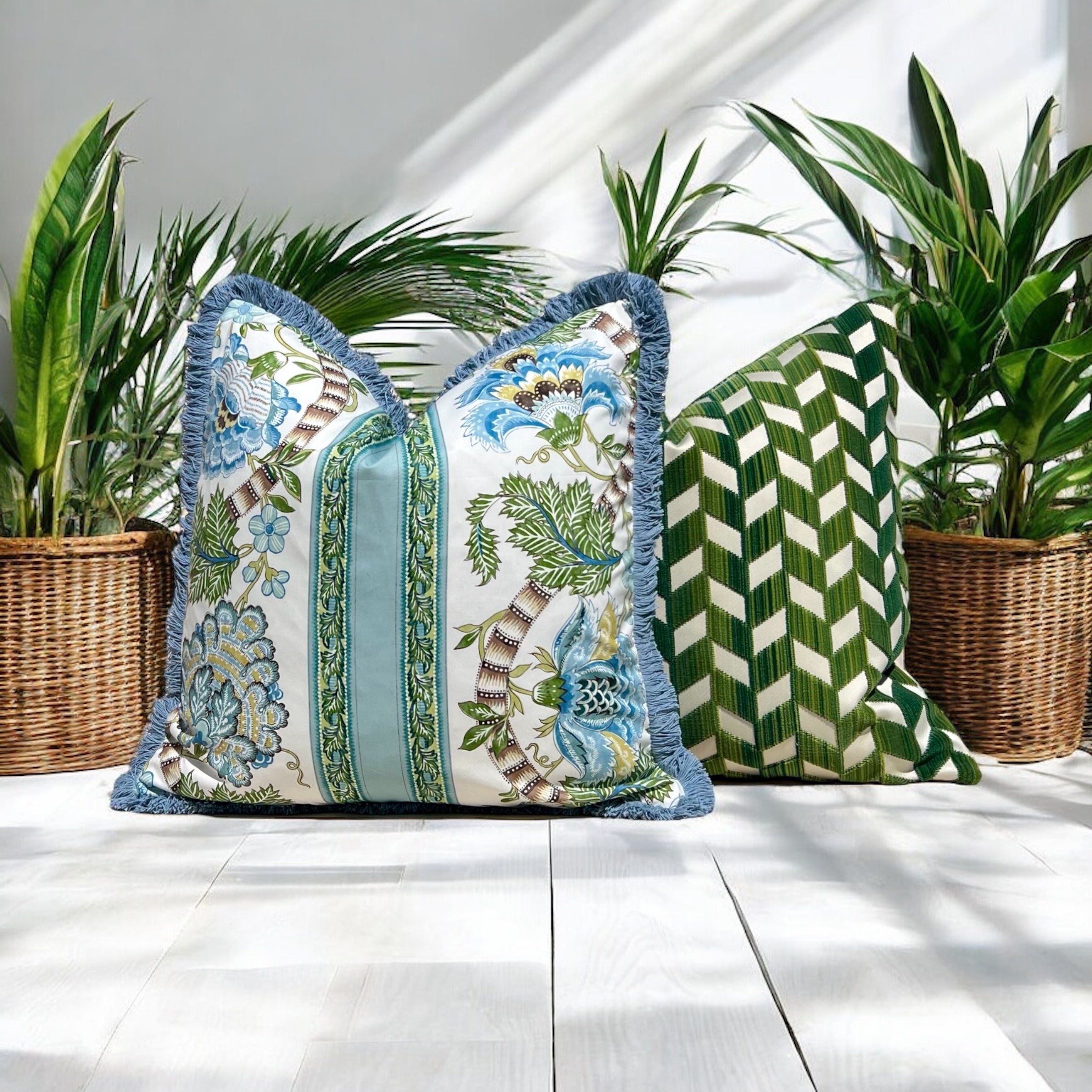 Brunschwig and Fills Lauris Pillow in Aqua and Green with Blue Brush Trim.