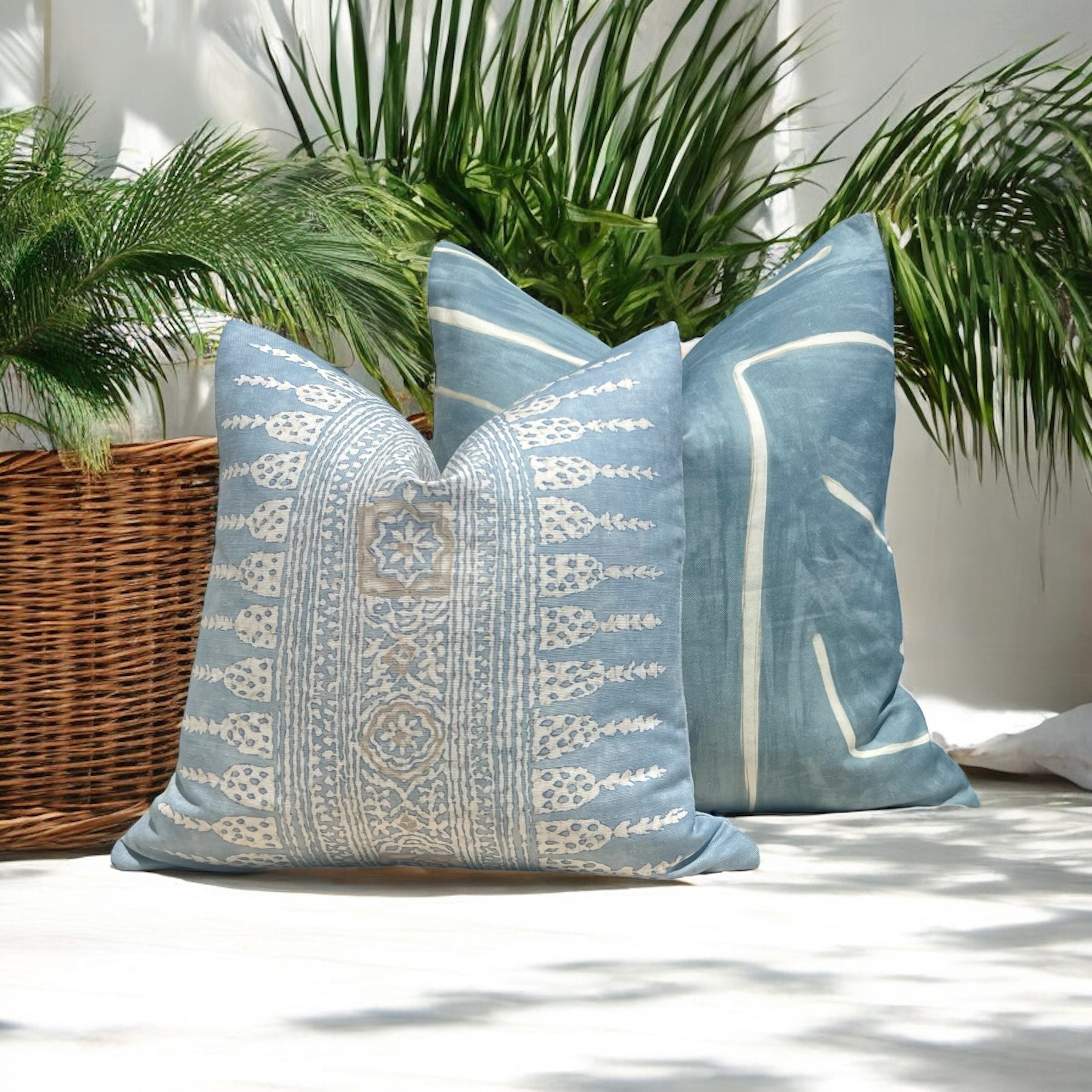 Thibaut Javanese Stripe Pillow Cover in Aqua Blue and Beige.