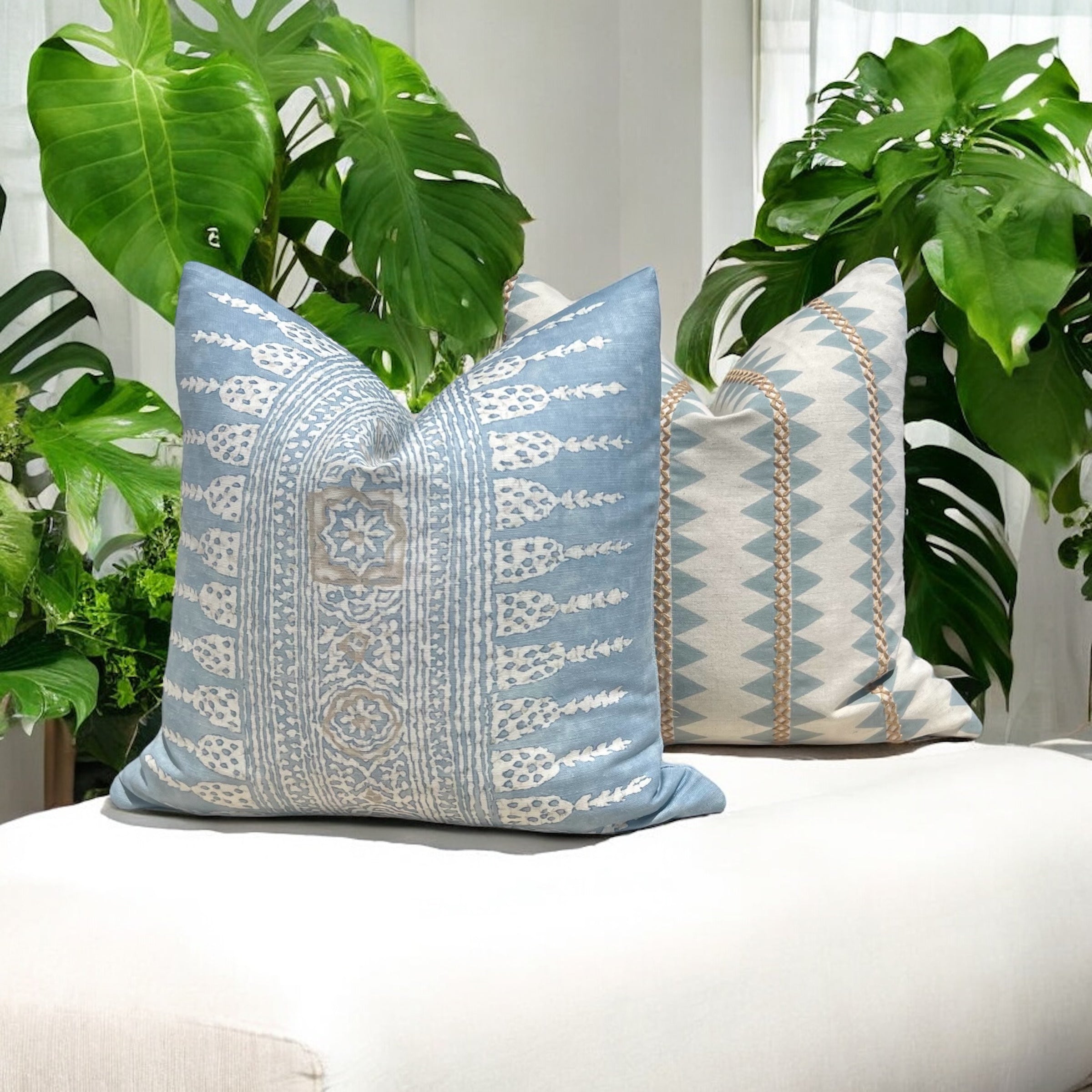 Thibaut Javanese Stripe Pillow Cover in Aqua Blue and Beige.