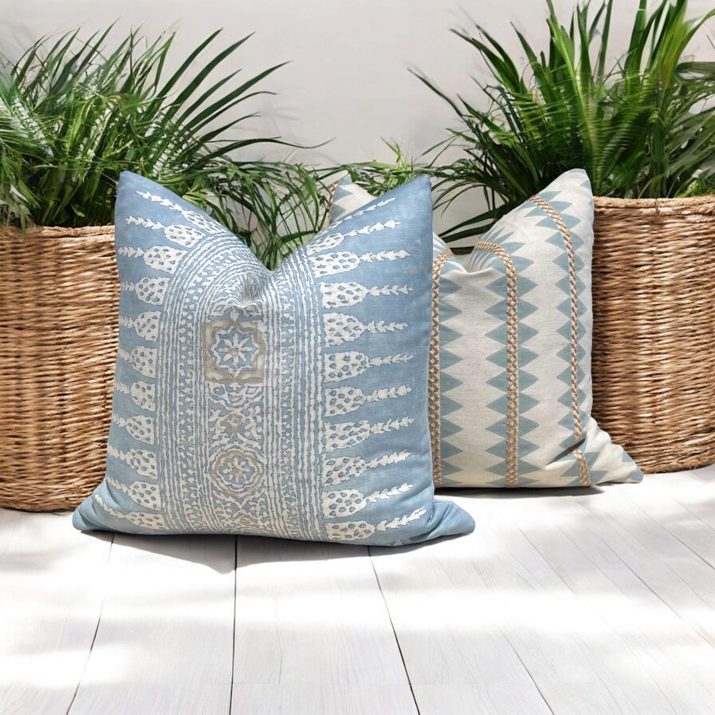 Thibaut Javanese Stripe Pillow Cover in Aqua Blue and Beige.