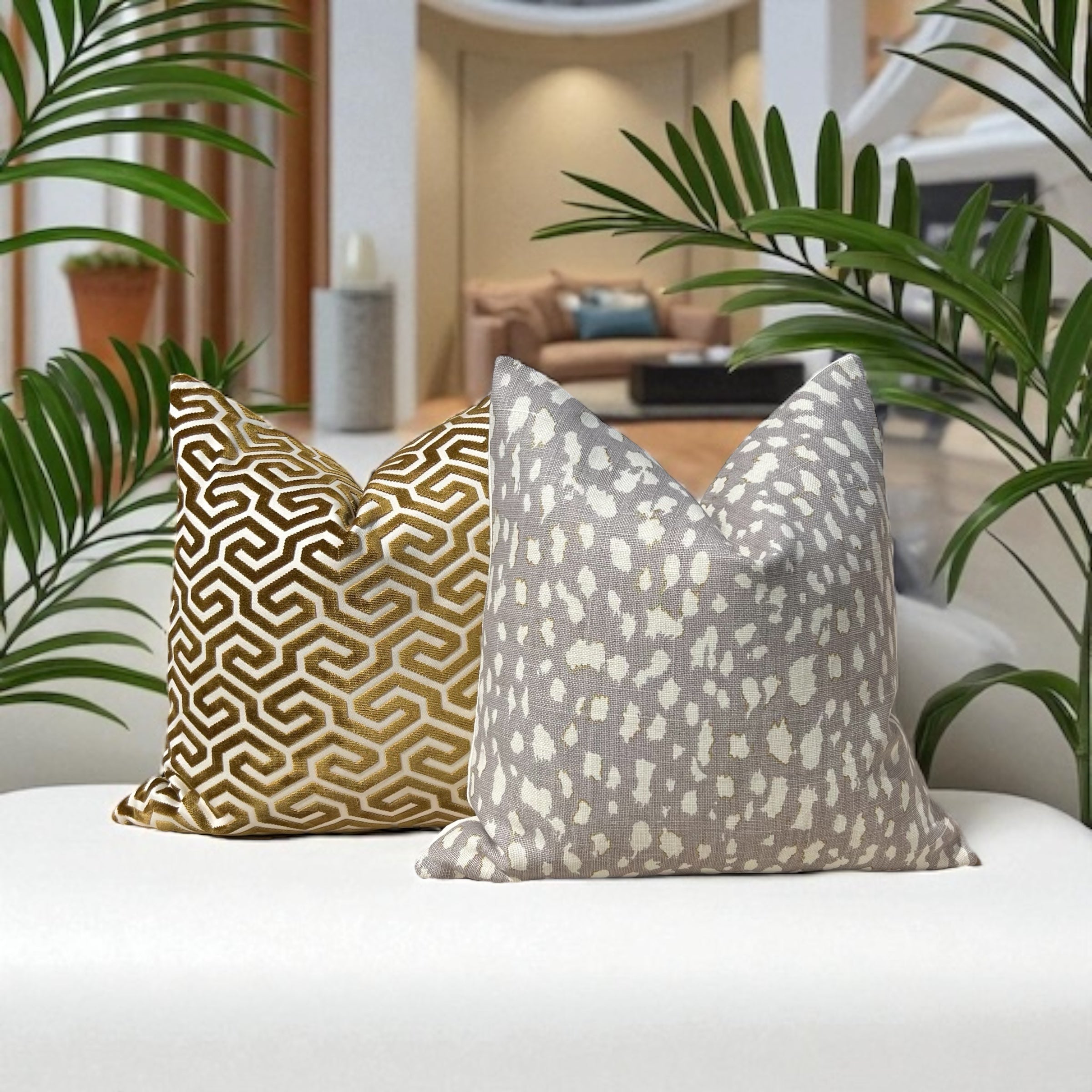 Schumacher Ming Fret Velvet Pillow in Bronze