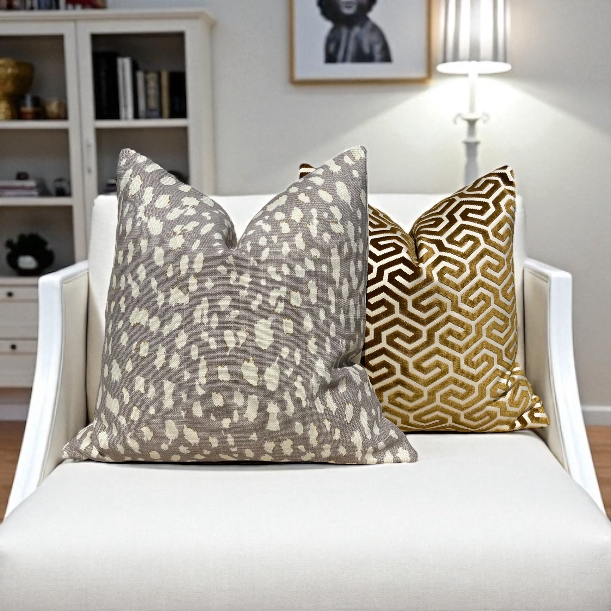 Schumacher Ming Fret Velvet Pillow in Bronze