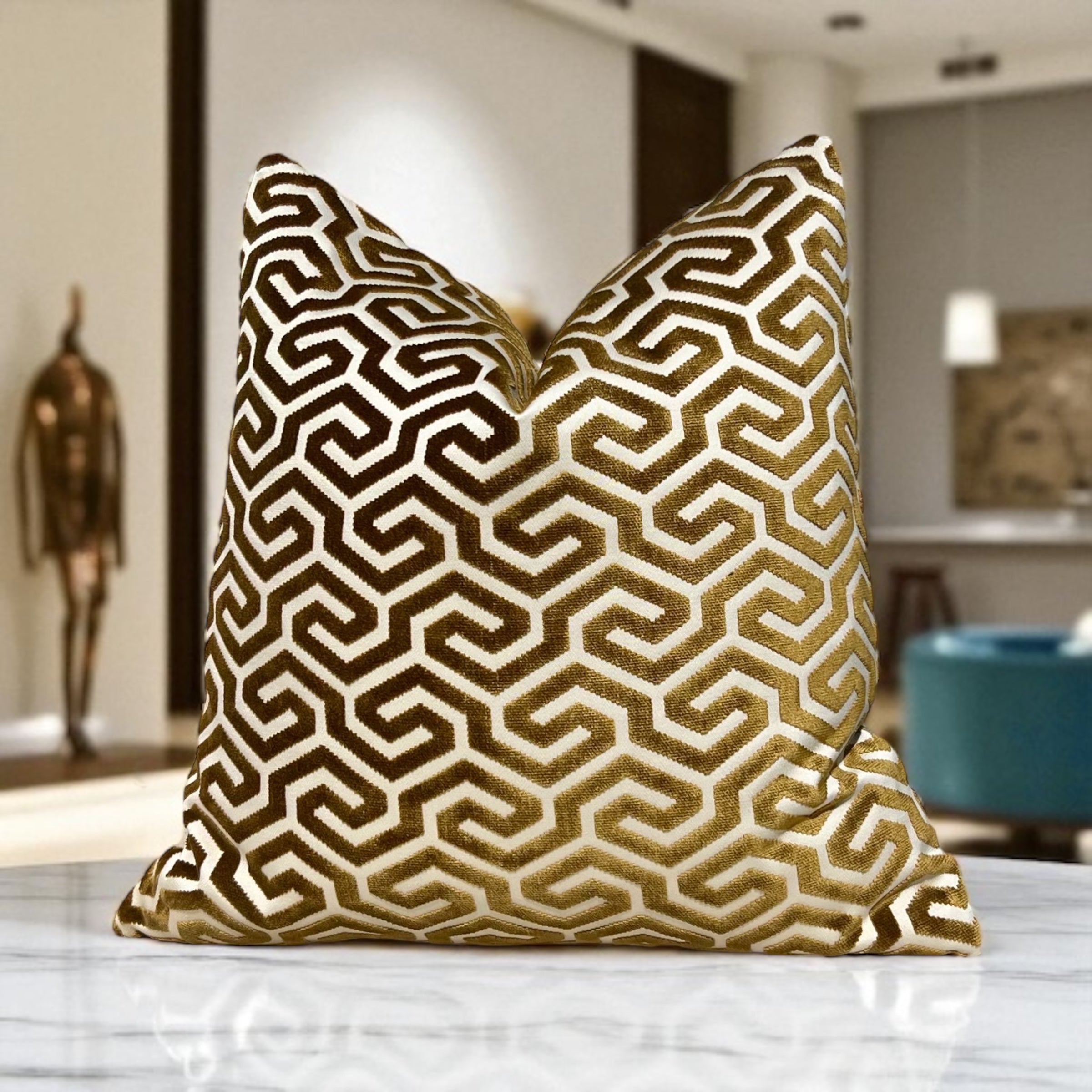 Schumacher Ming Fret Velvet Pillow in Bronze