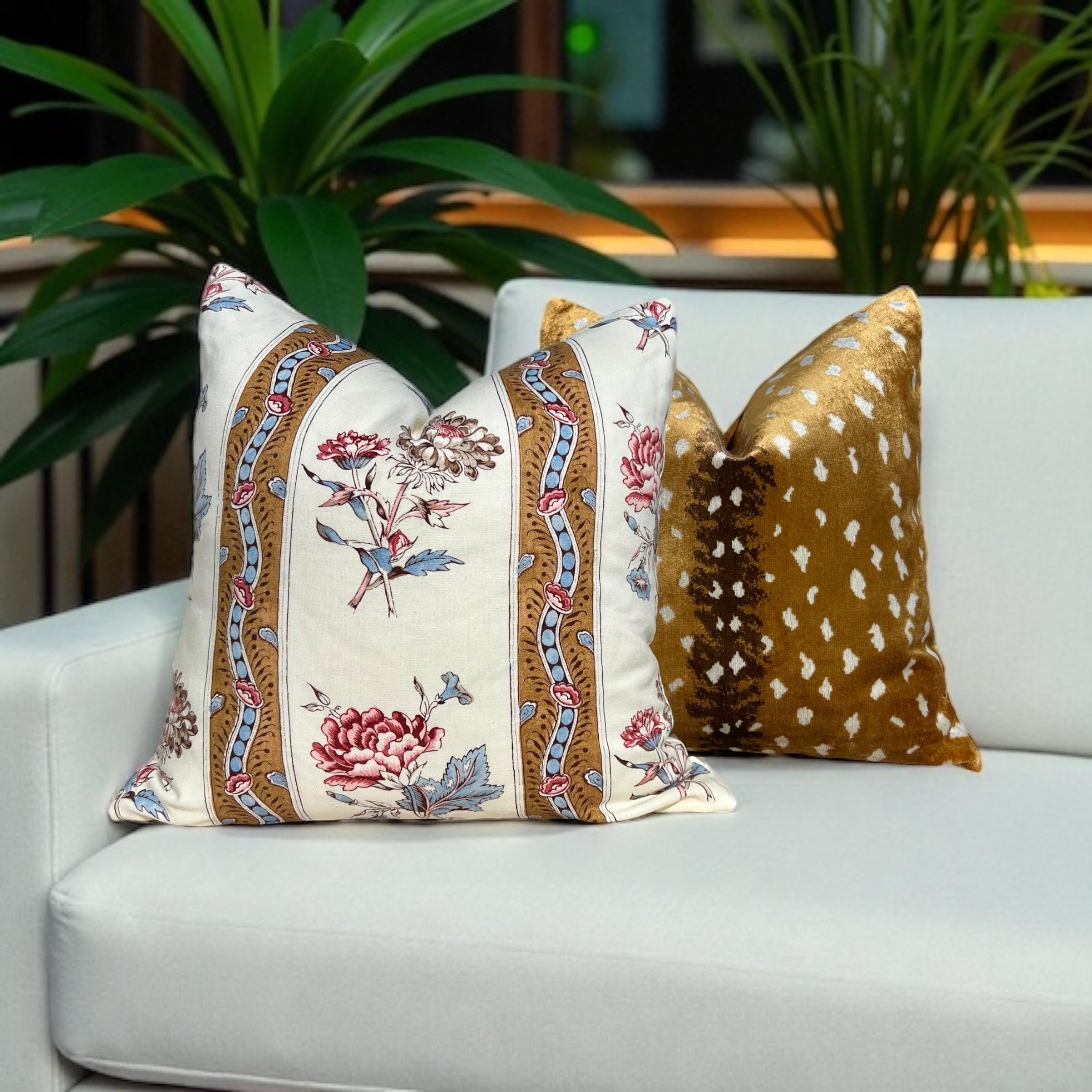 Schumacher Ariana Floral Stripe Linen Pillow in Document