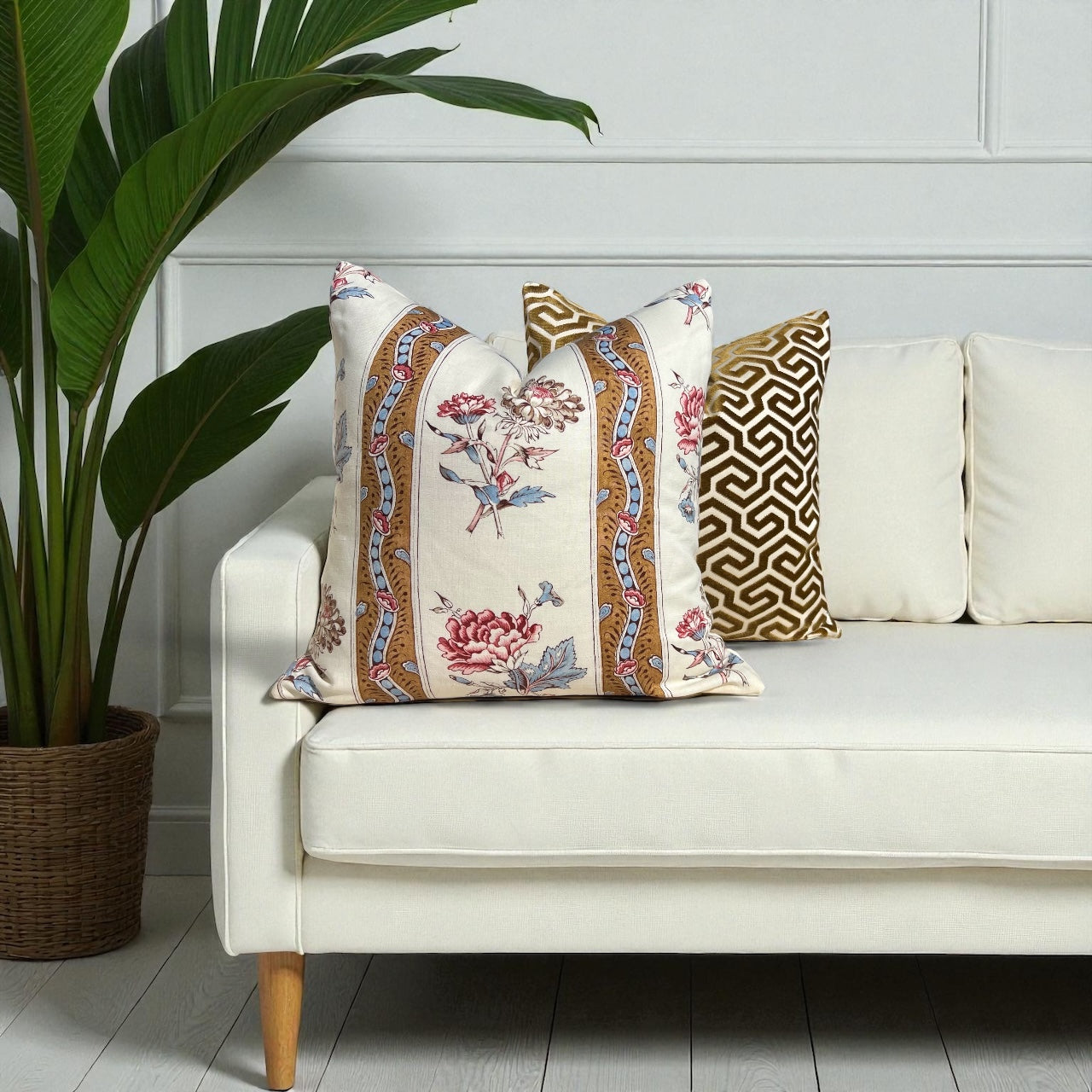 Schumacher Ariana Floral Stripe Linen Pillow in Document