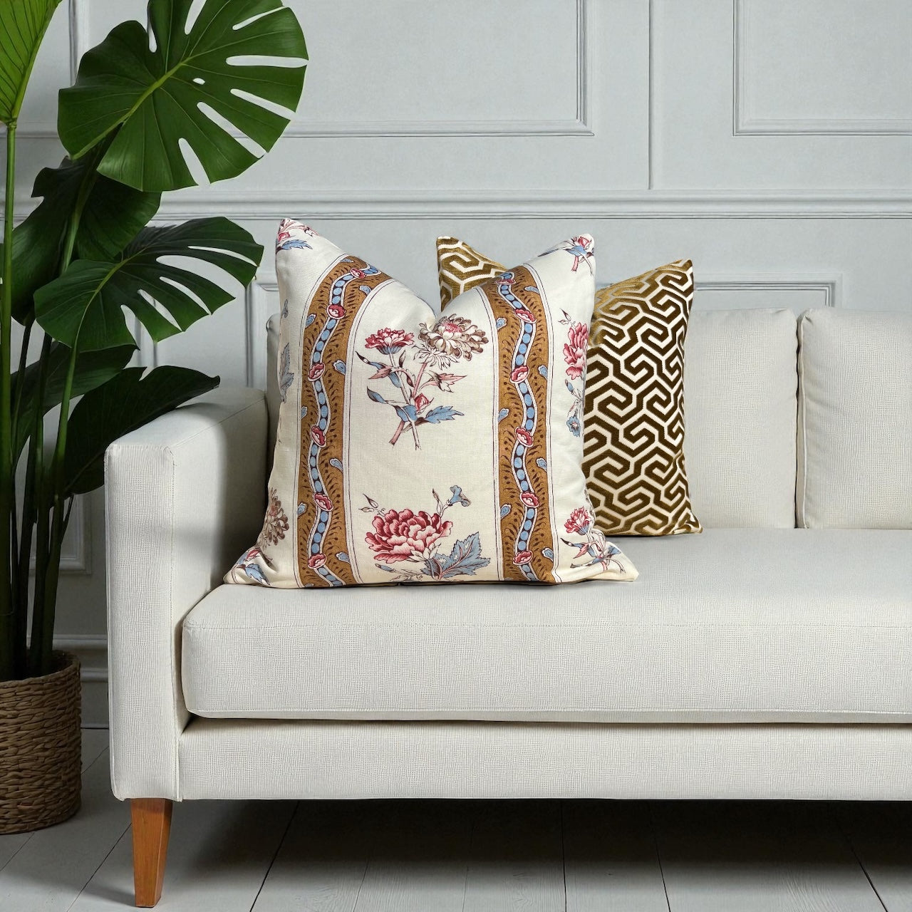 Schumacher Ariana Floral Stripe Linen Pillow in Document