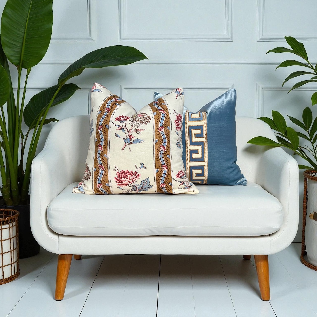 Schumacher Ariana Floral Stripe Linen Pillow in Document