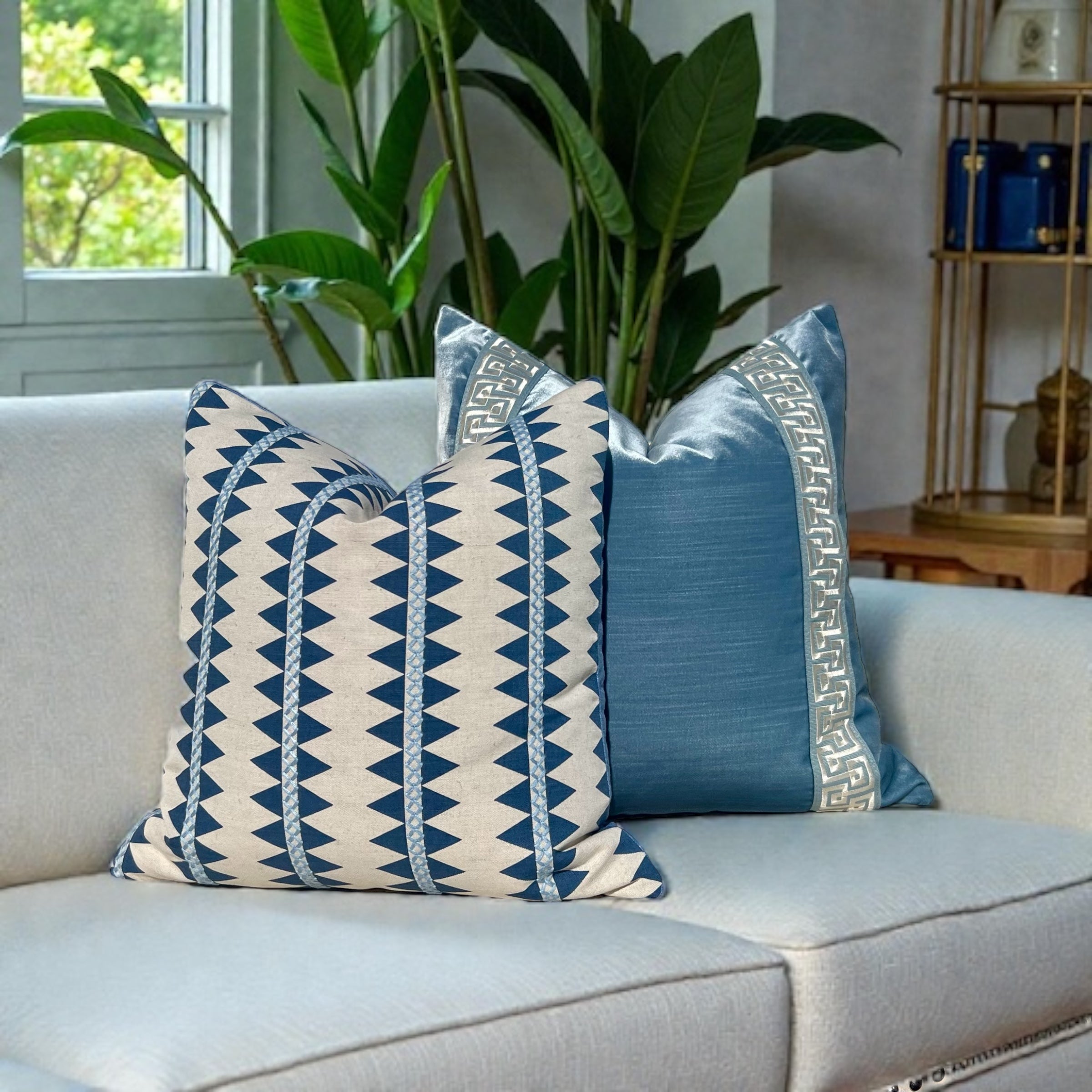 Designer Velvet Pillow in Blue with Greek Key Tape.