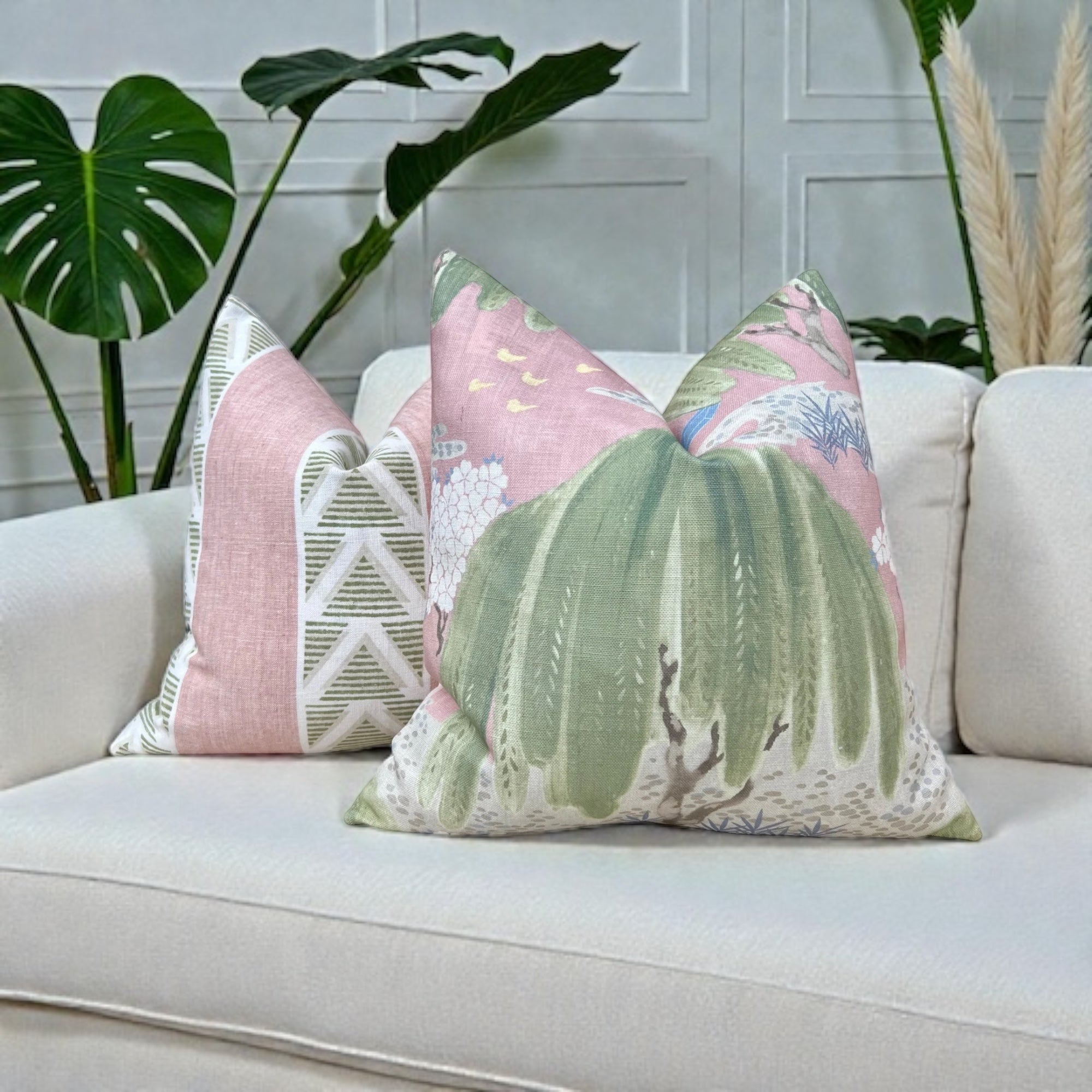 Anna French Burton Stripe Pillow, Blush and Green.