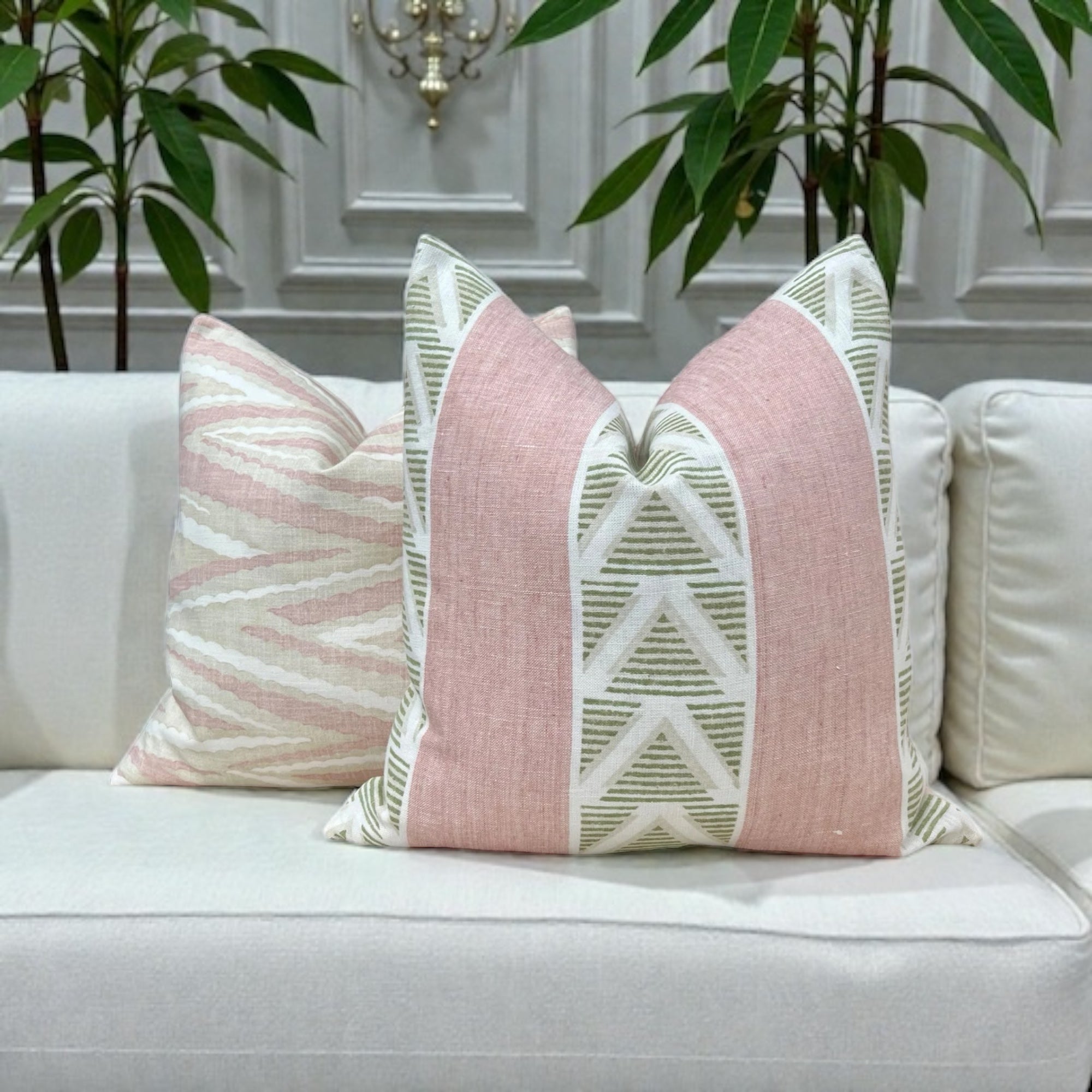 Anna French Burton Stripe Pillow, Blush and Green.