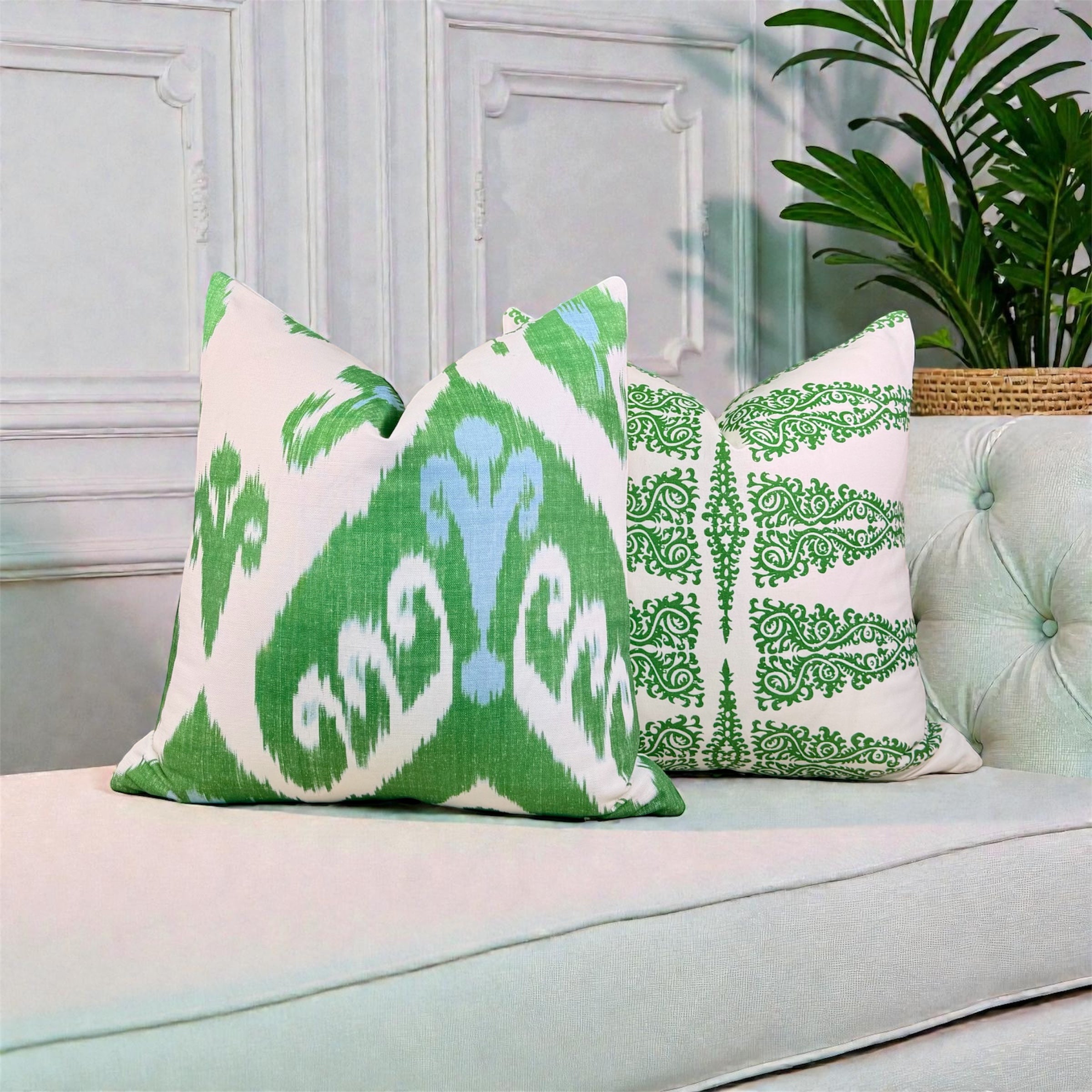 Thibaut Indies Ikat Pillow - Green, Aqua Blue