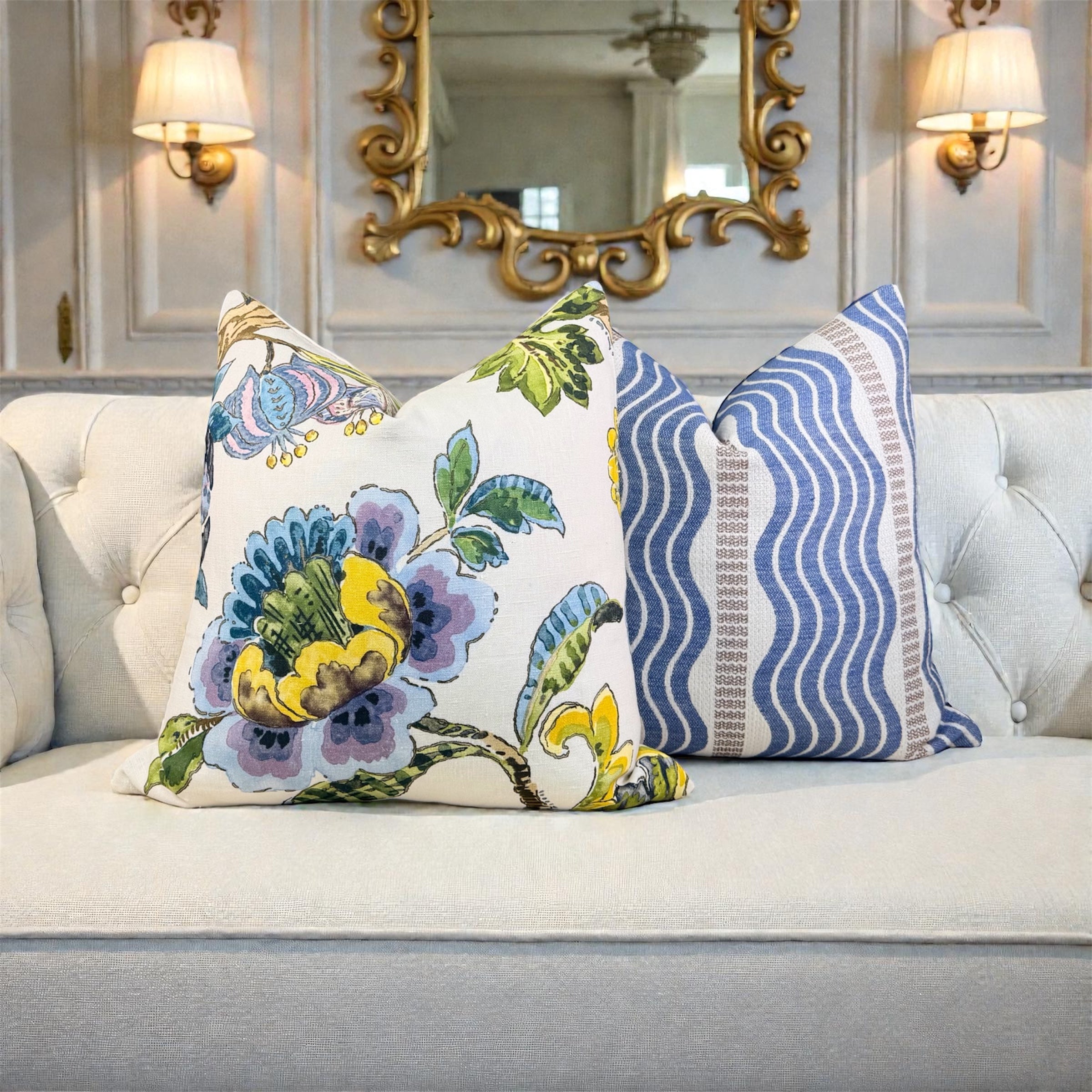 Schumacher Sina Stripe Pillow - Blue, Beige