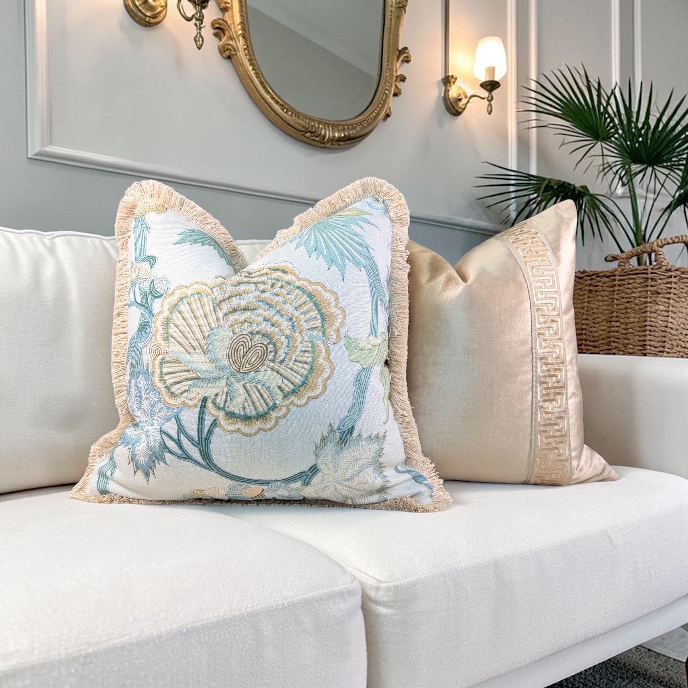 Thibaut Indienne Jacobean Linen Pillow - Sea glass, Gold.