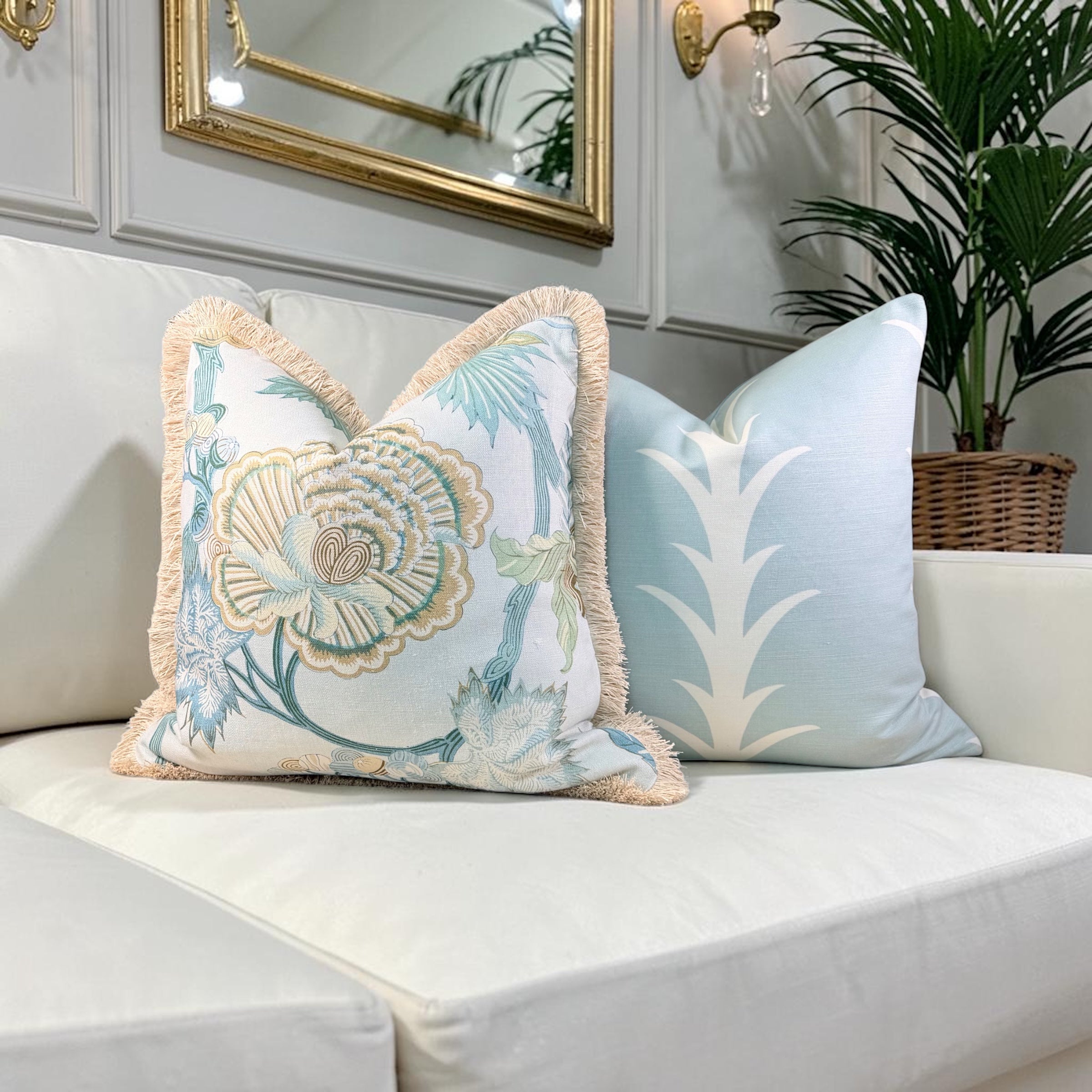 Thibaut Indienne Jacobean Linen Pillow - Sea glass, Gold.