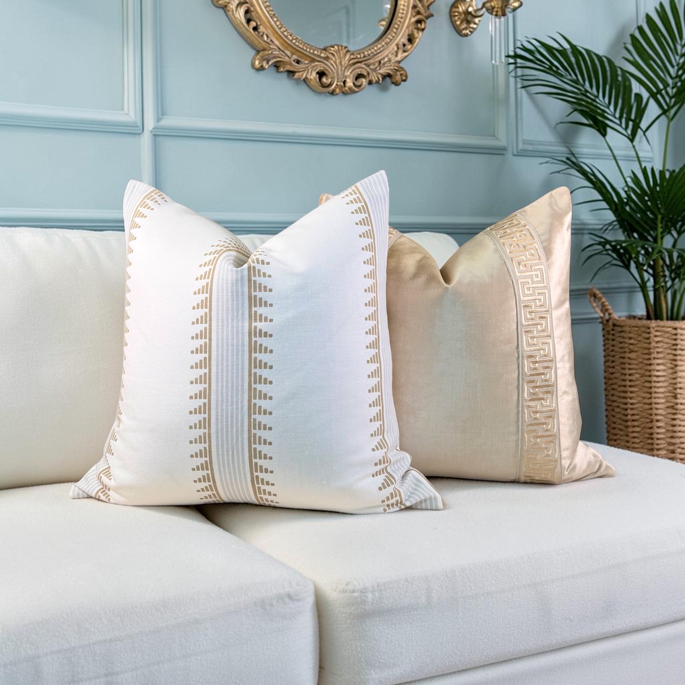 Designer Velvet Pillow - Luminous Warm Gold, Greek Key Trim