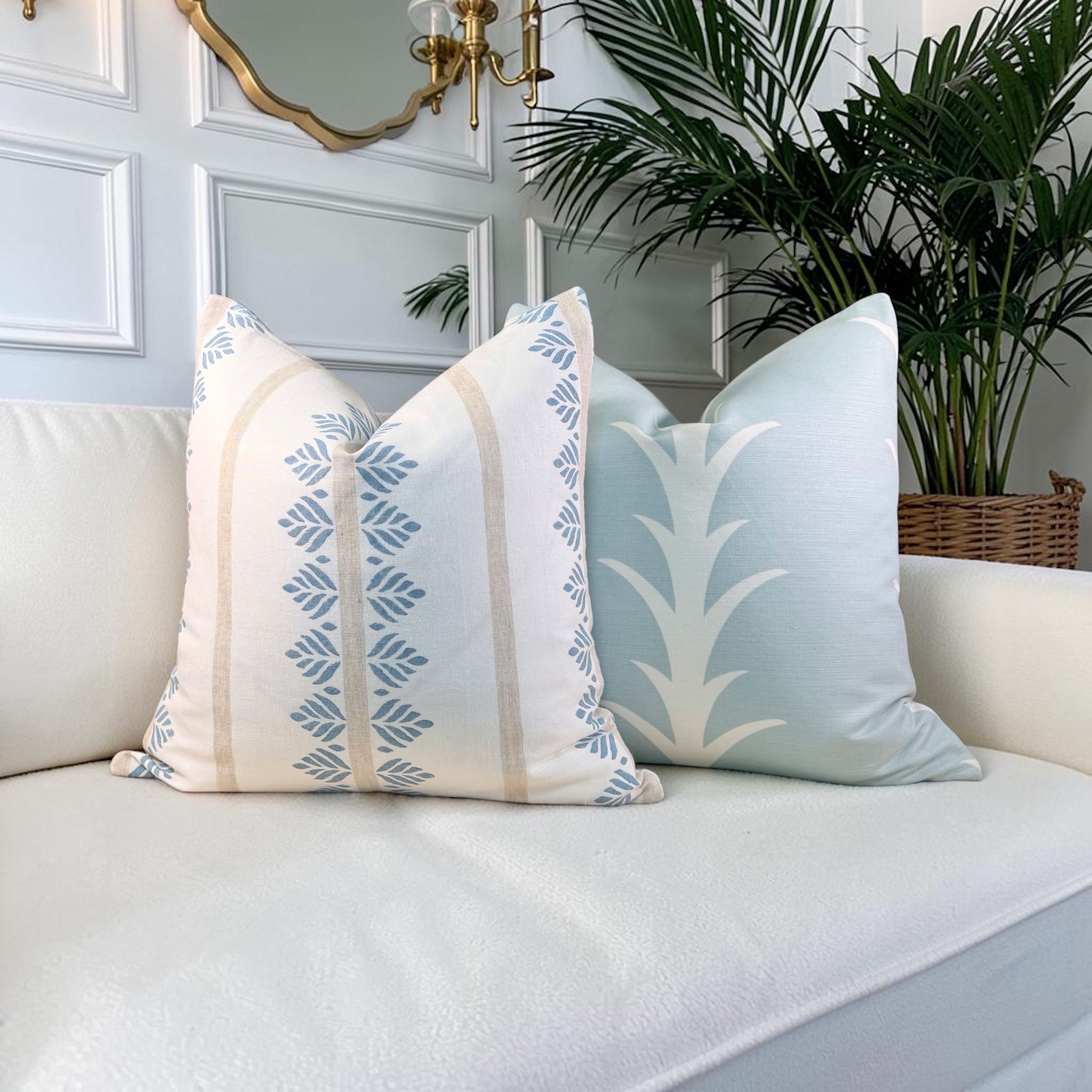 Thibaut Fern Stripe Linen Pillow - Aqua Blue