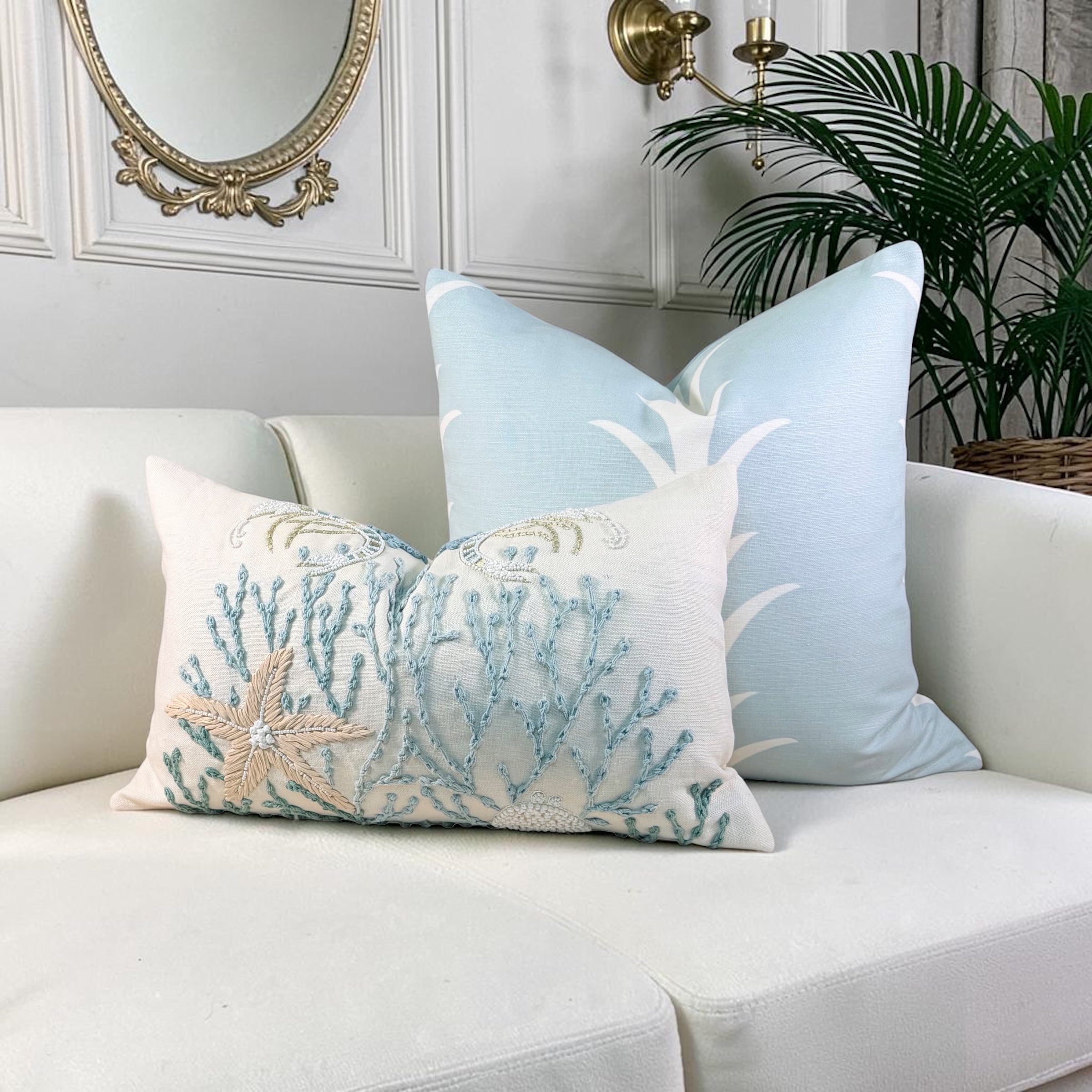 Schumacher Acanthus Stripe Pillow in Sky Blue.