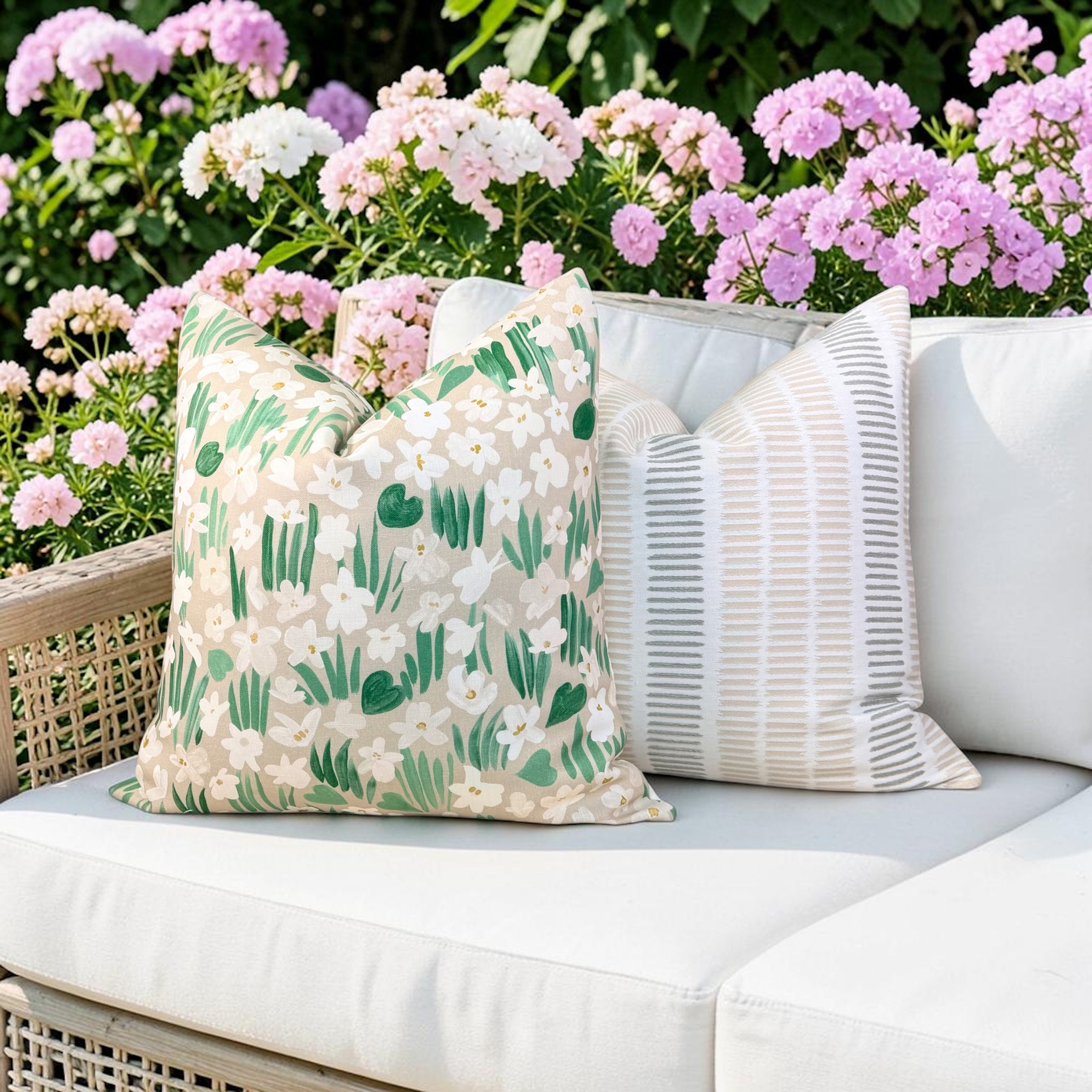Schumacher Sweet Violette Outdoor Pillow - Beige, Green, White