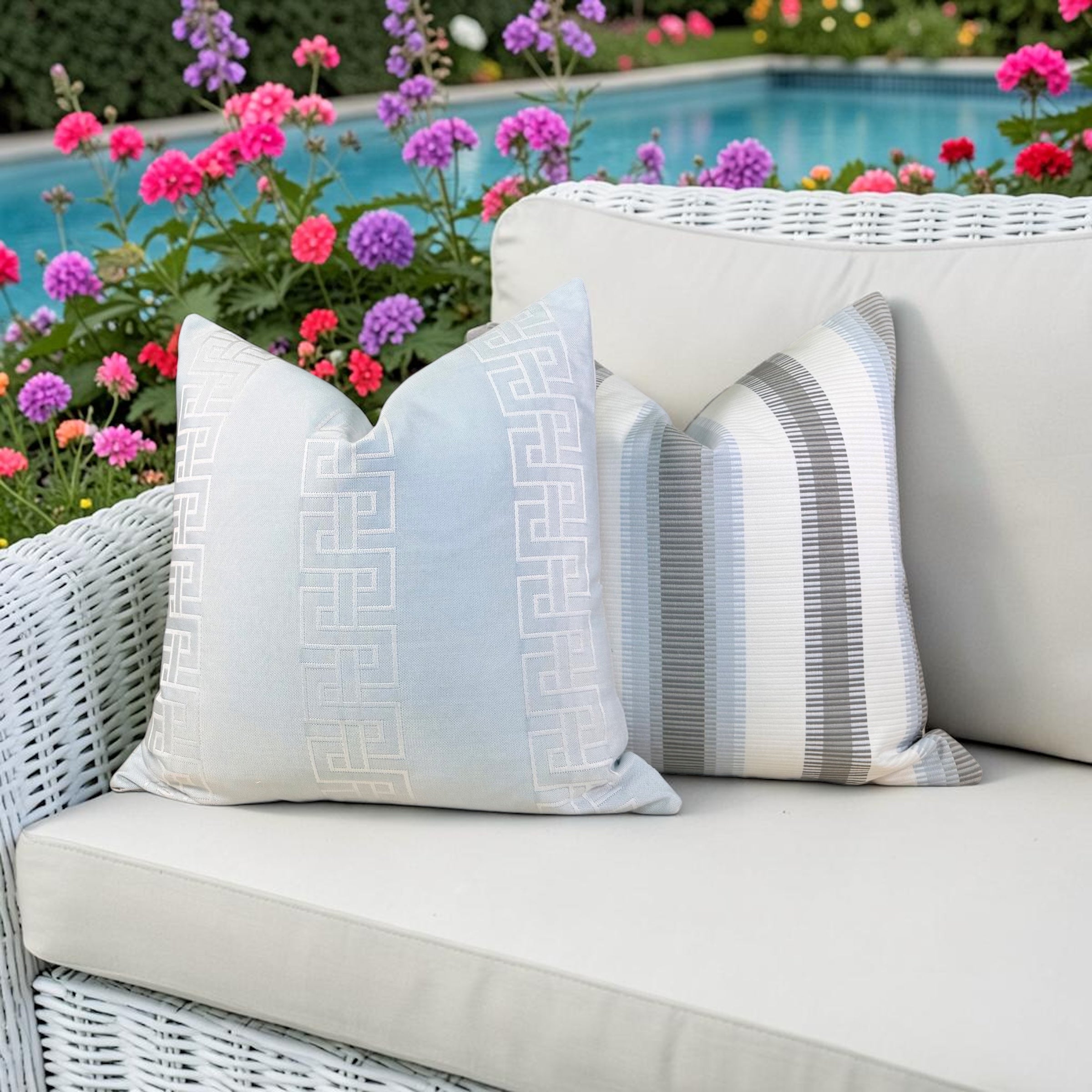 Outdoor Embroidered Greek Key Pillow - Ice Blue