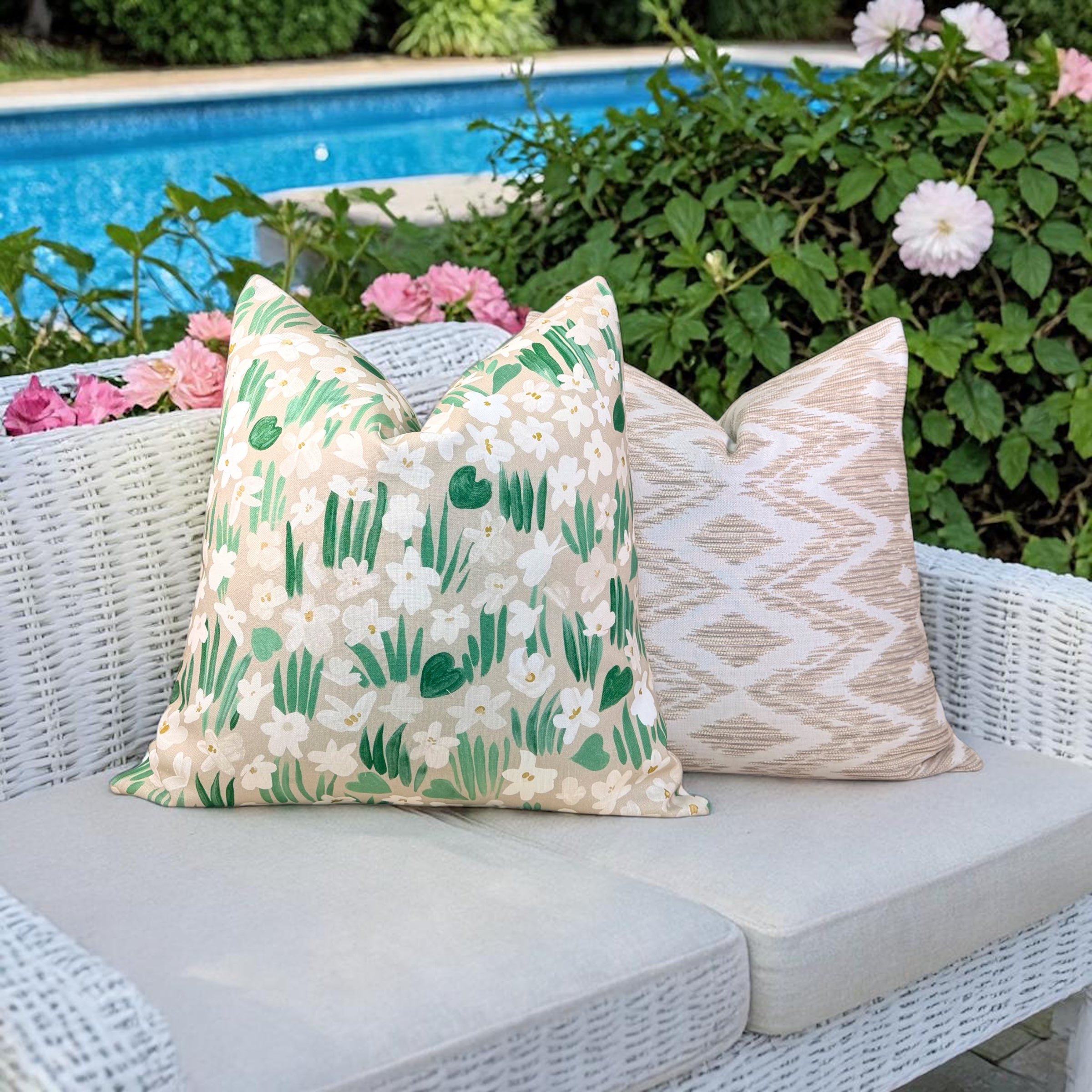 Thibaut Outdoor Woven Indira Pillow - Beige, White