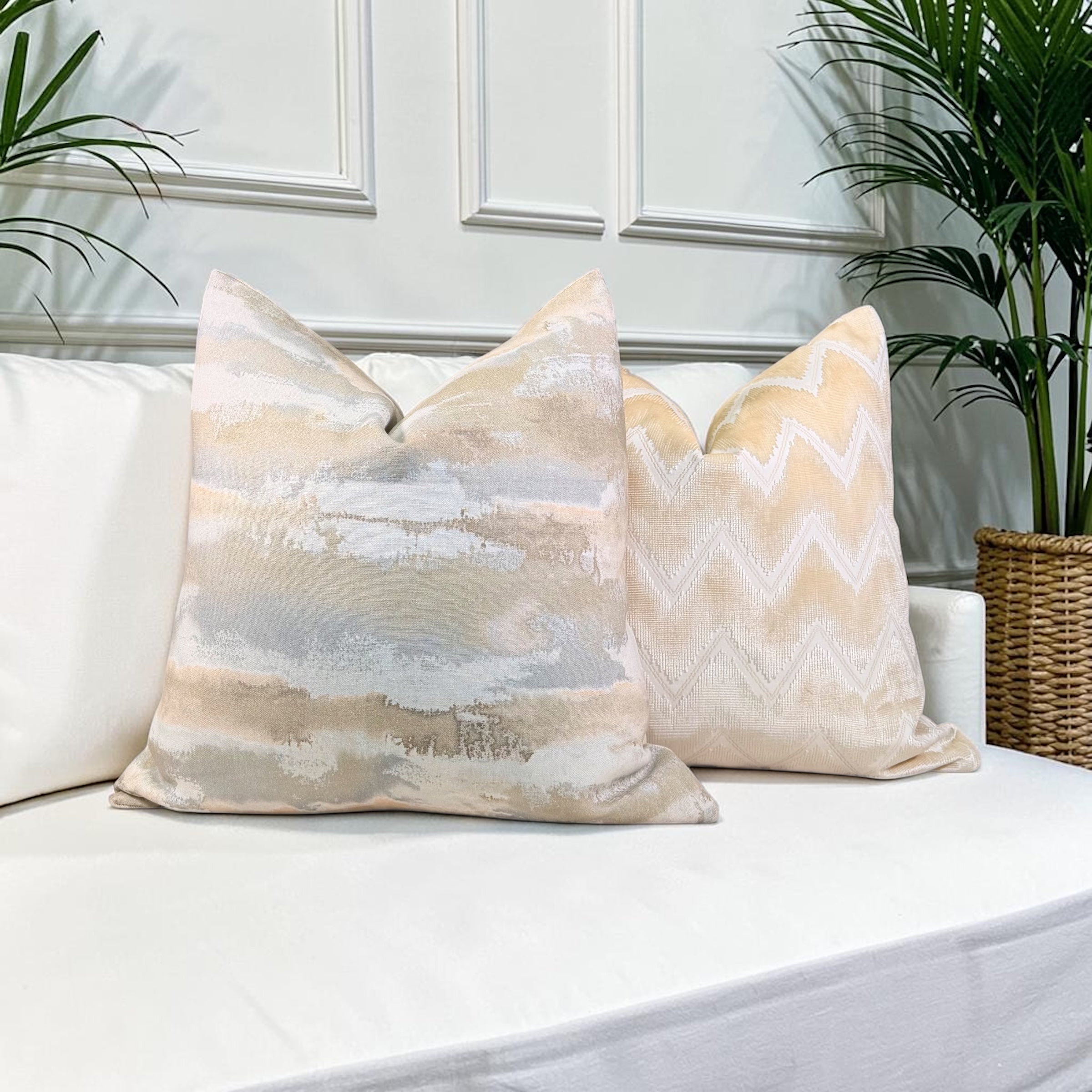 Schumacher Chevron Velvet Pillow in Champagne