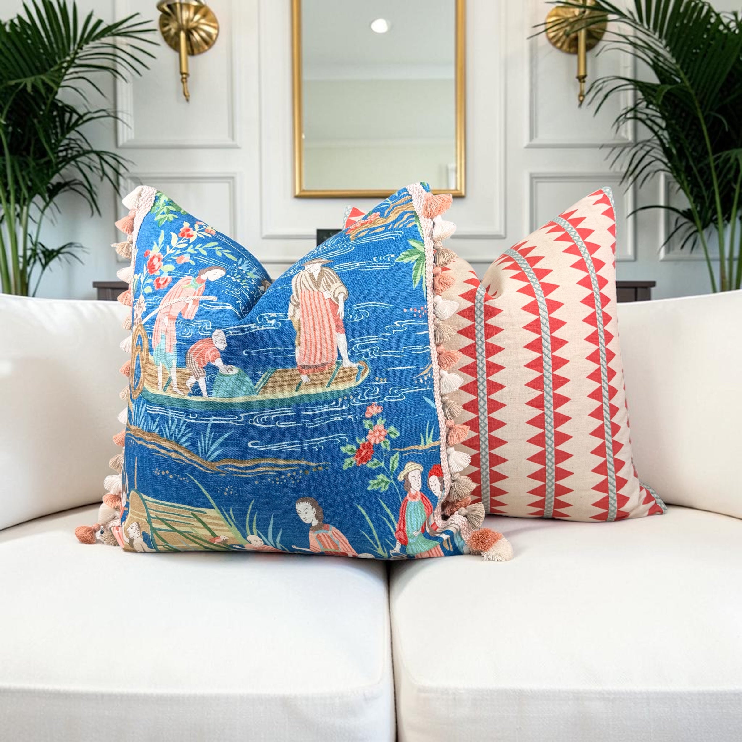 Thibaut Reno Stripe Embroidered Pillow - Coral