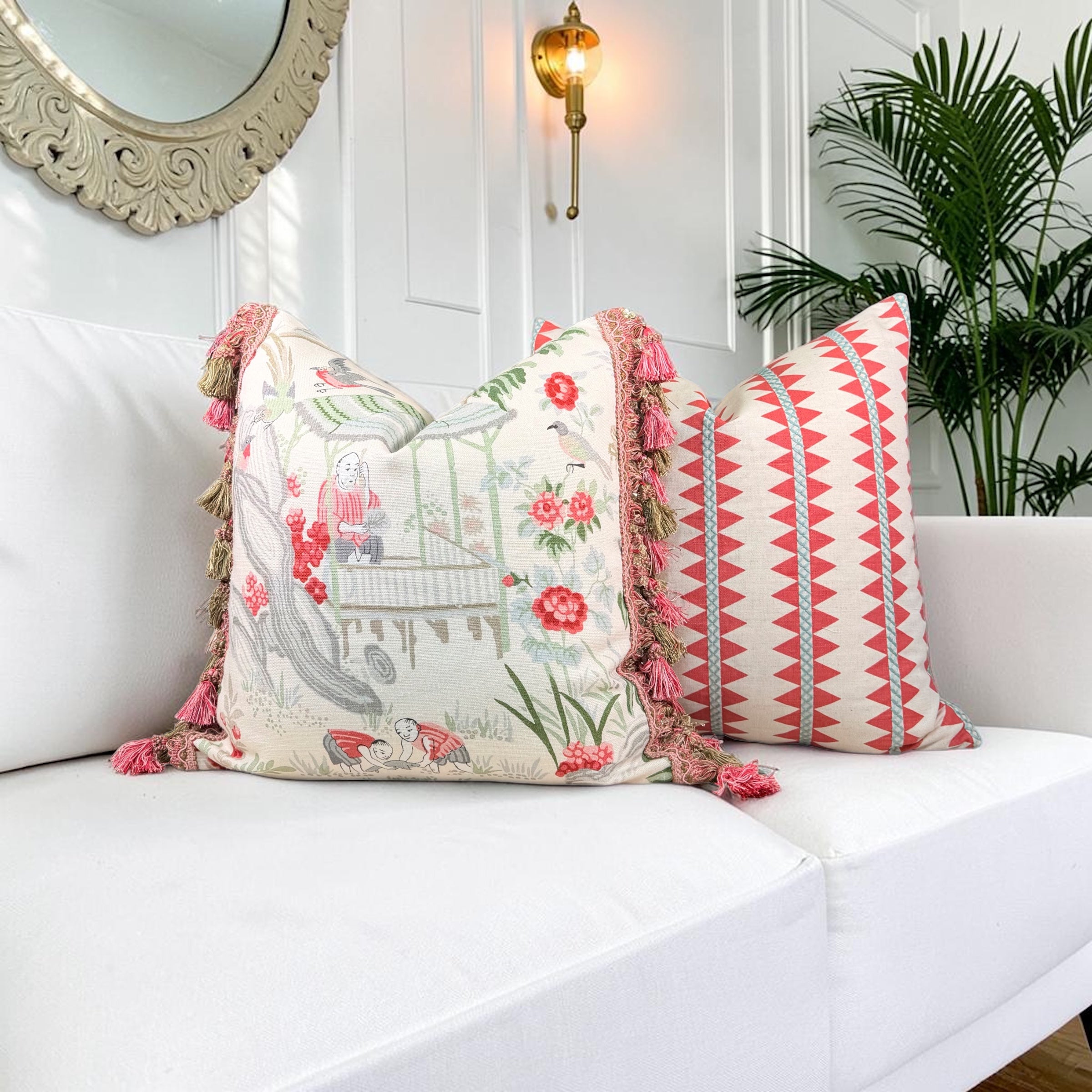 Thibaut Reno Stripe Embroidered Pillow - Coral